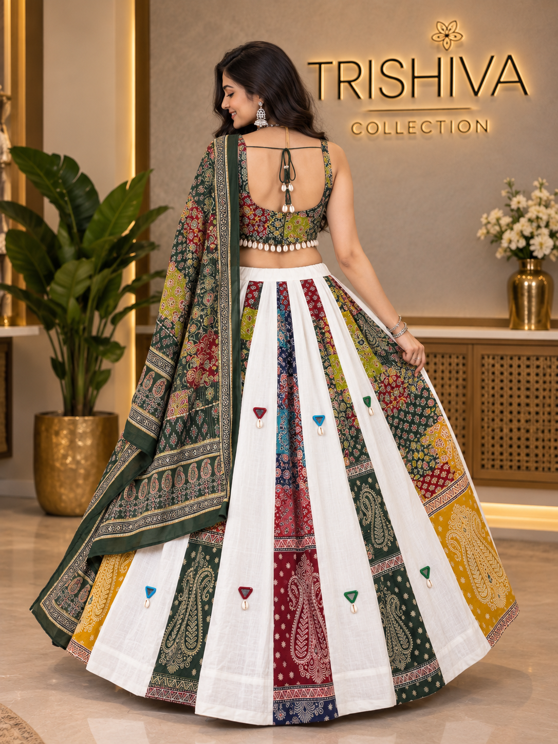 Multicolor Ajrakh Mirror & Shell Work Lehenga Choli
