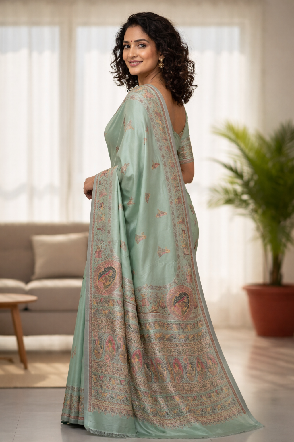 Sea Green Pashmina Saree with Traditional Folk Border