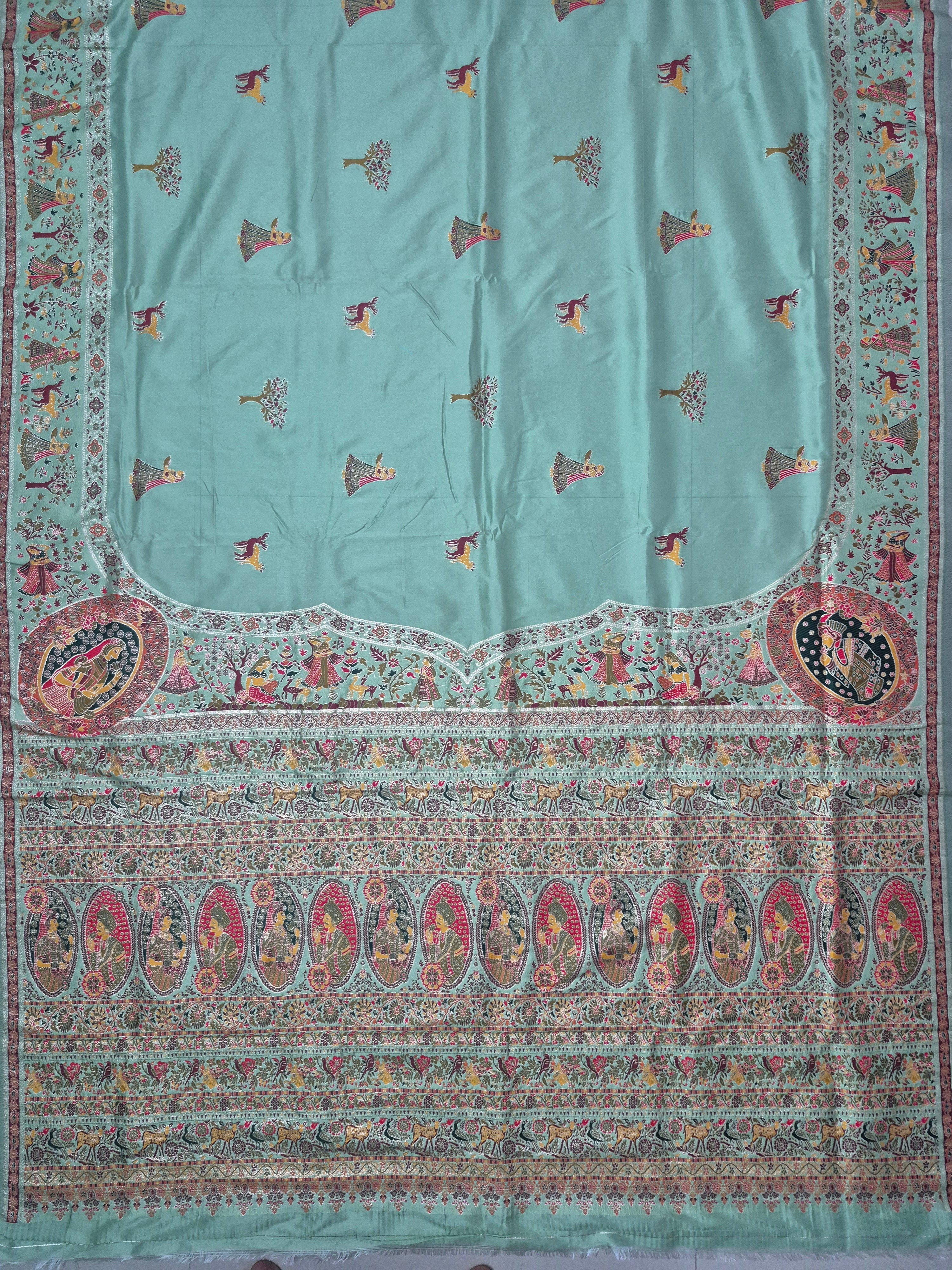 Sea Green Pashmina Saree with Traditional Folk Border