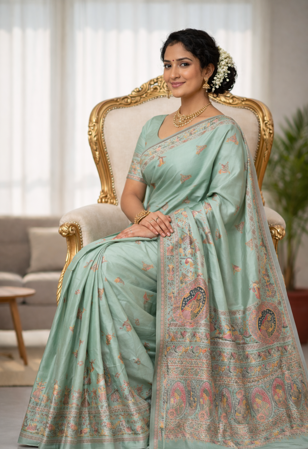 Sea Green Pashmina Saree with Traditional Folk Border