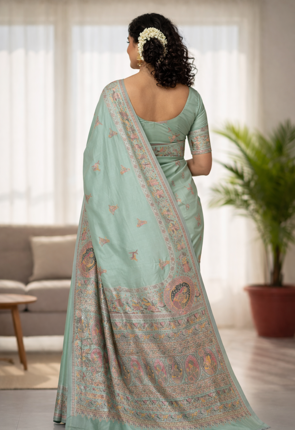 Sea Green Pashmina Saree with Traditional Folk Border