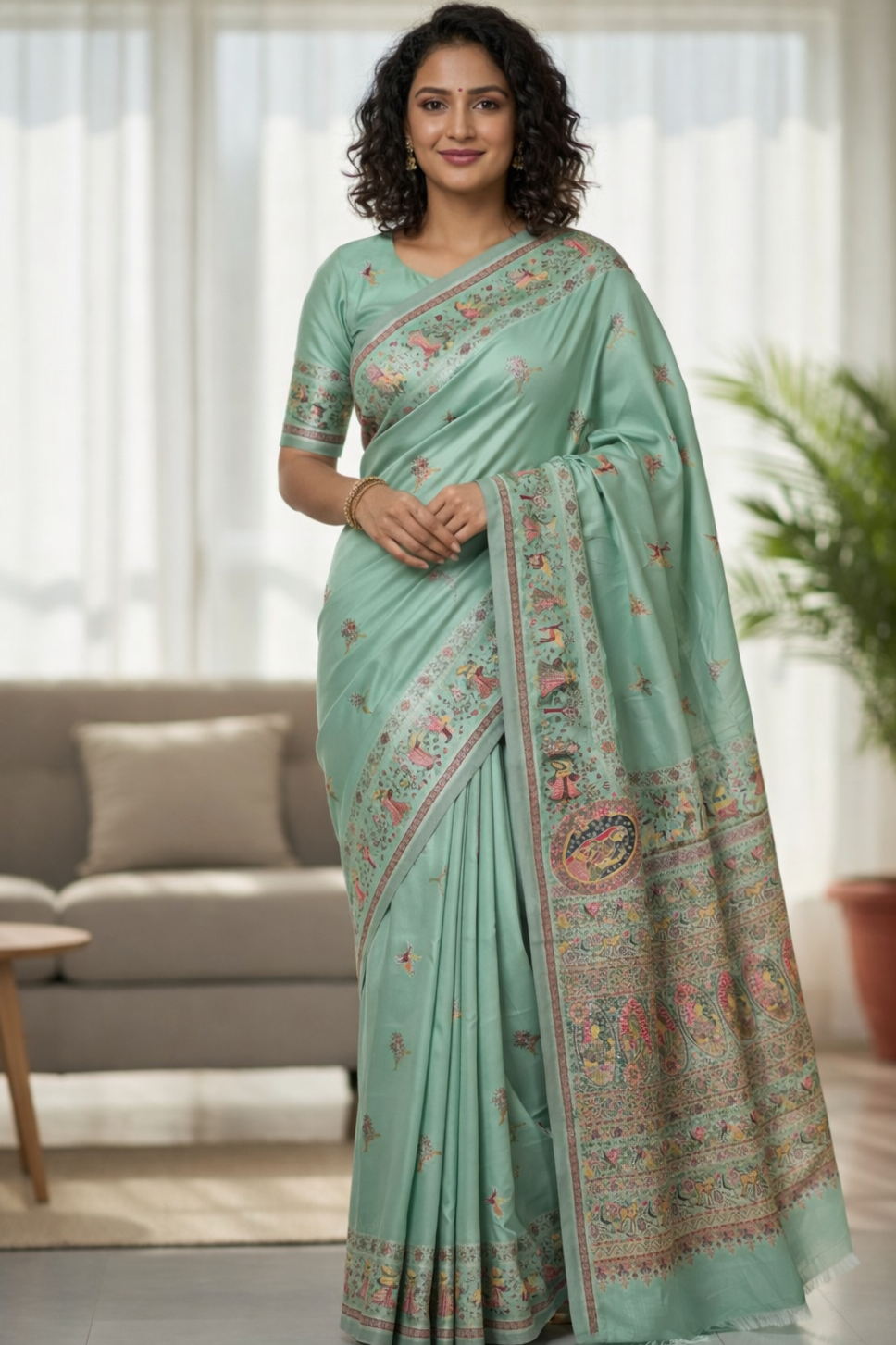 Woman wearing a light blue saree with a patterned border in a living room setting.