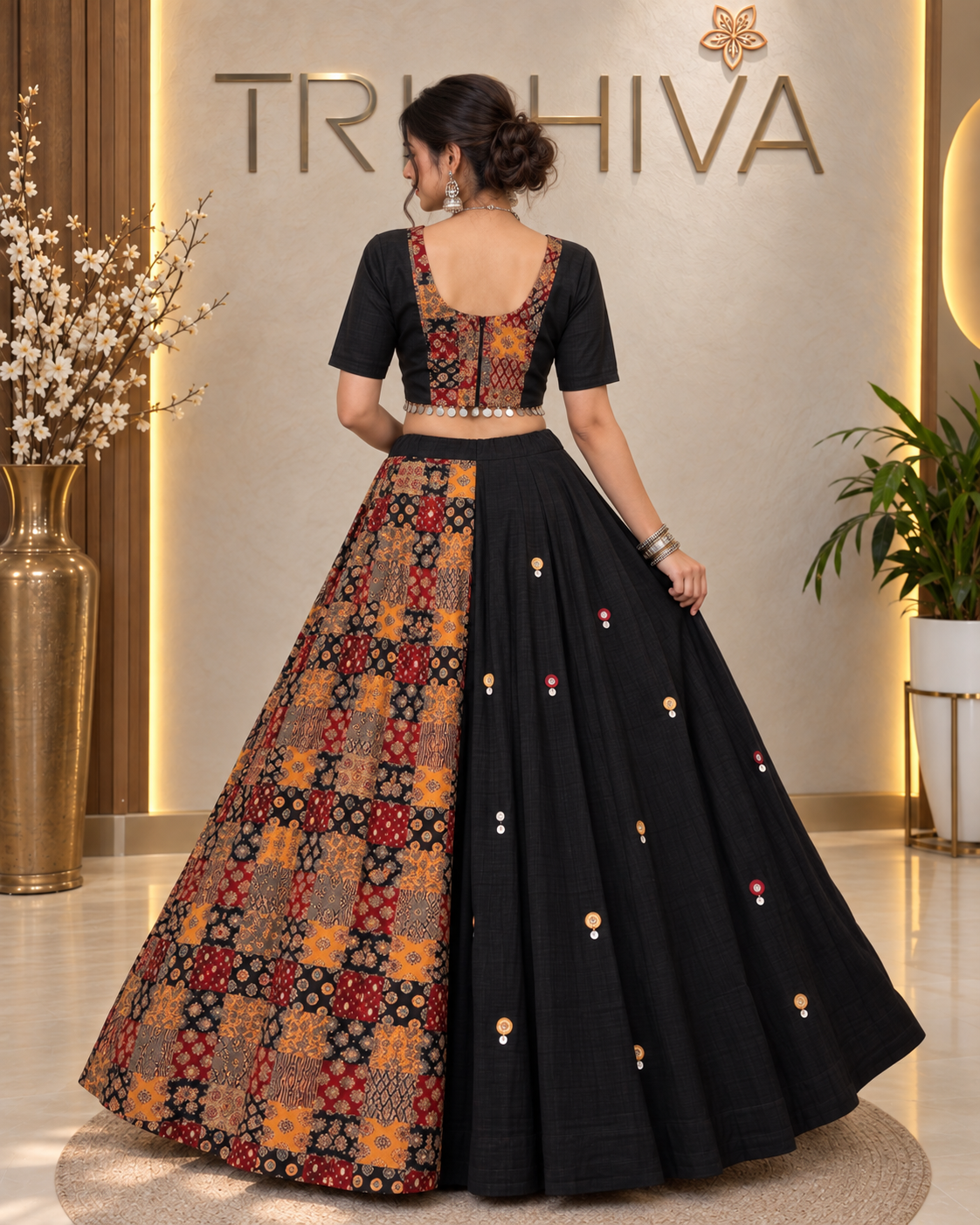 Black Ajrakh Mirror Work Lehenga Choli