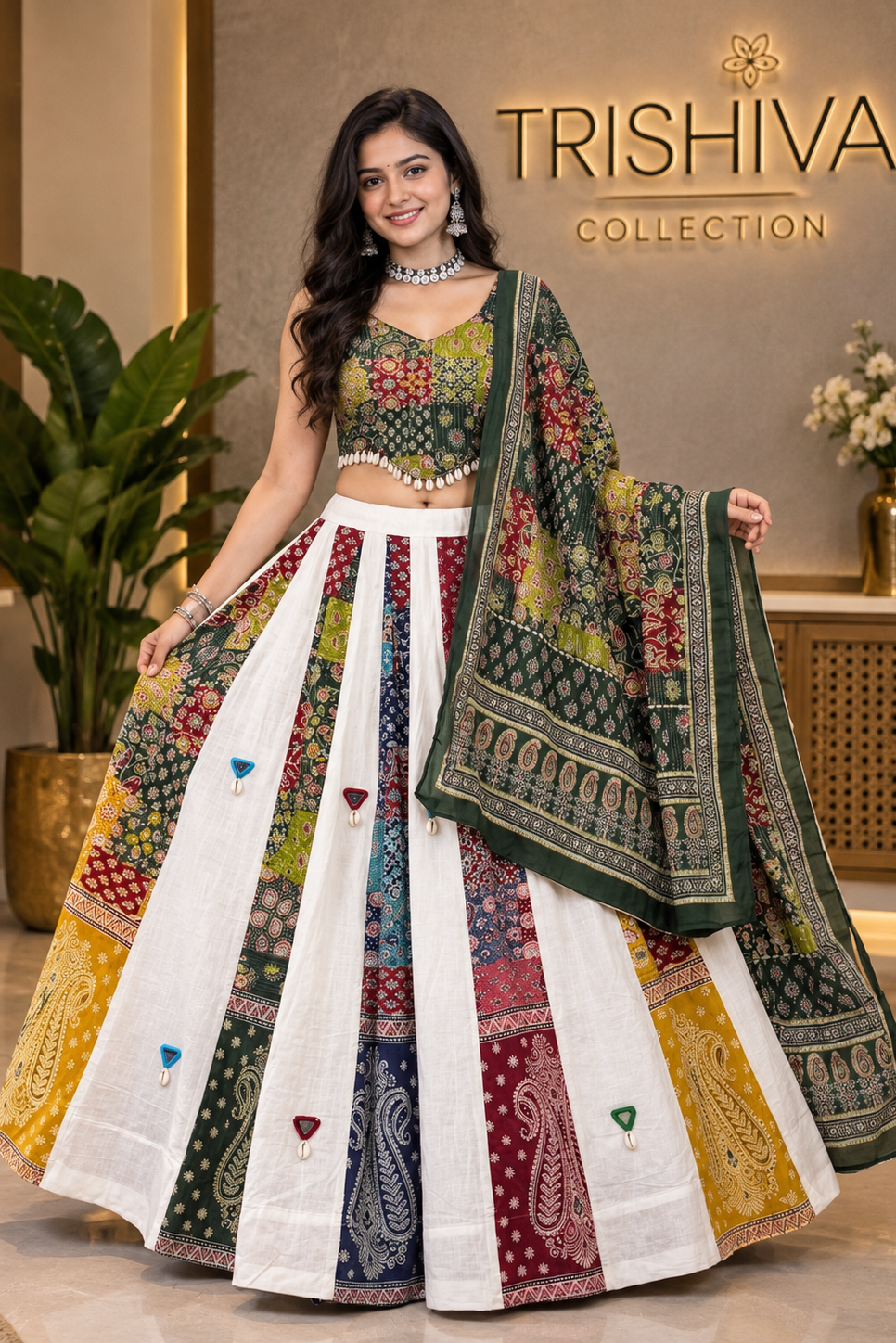 A woman models a traditional Indian ethnic outfit consisting of a printed green and multicolor blouse, a matching flared skirt with white panels and colorful paisley prints, and a coordinating dupatta. The background features a warm-toned wall with the brand name 'TRISHIVA COLLECTION' illuminated.