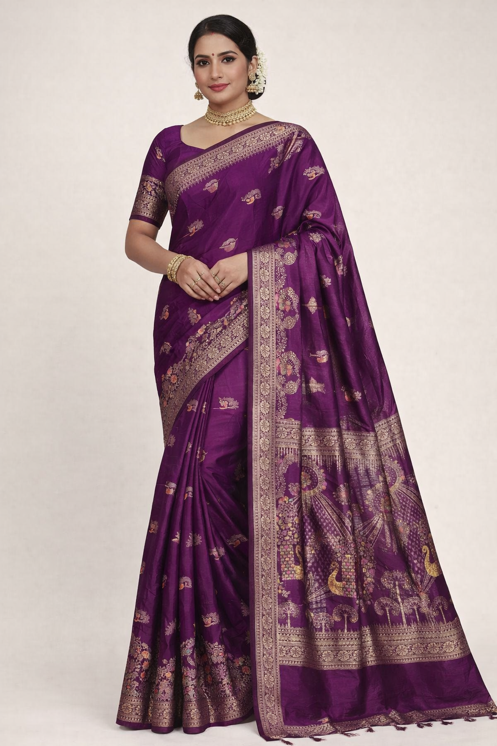 Woman wearing a purple saree with gold patterns on a white background