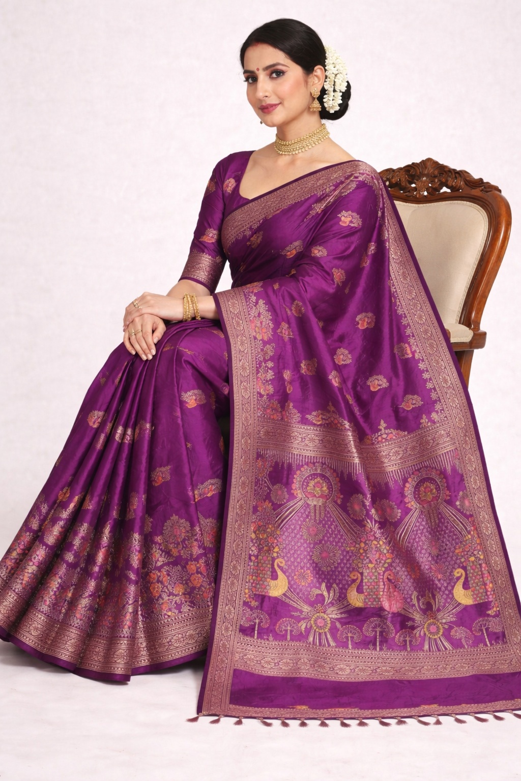 Wine Dola Silk Saree with Peacock & Floral Designer Pallu