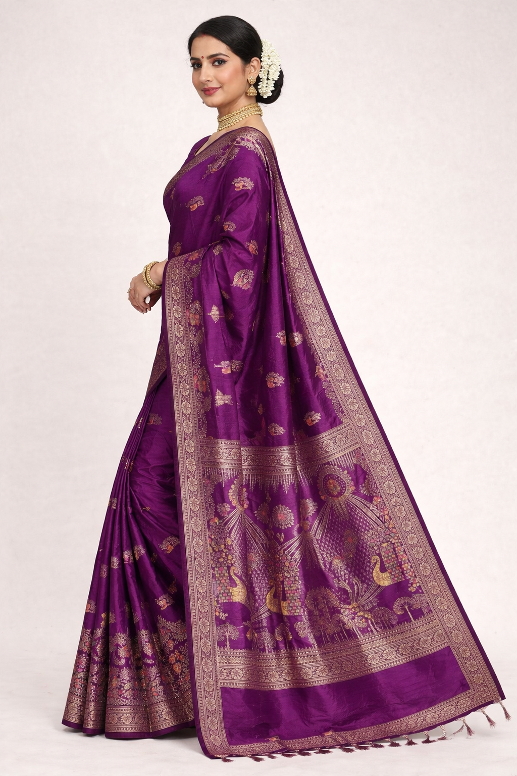 Wine Dola Silk Saree with Peacock & Floral Designer Pallu