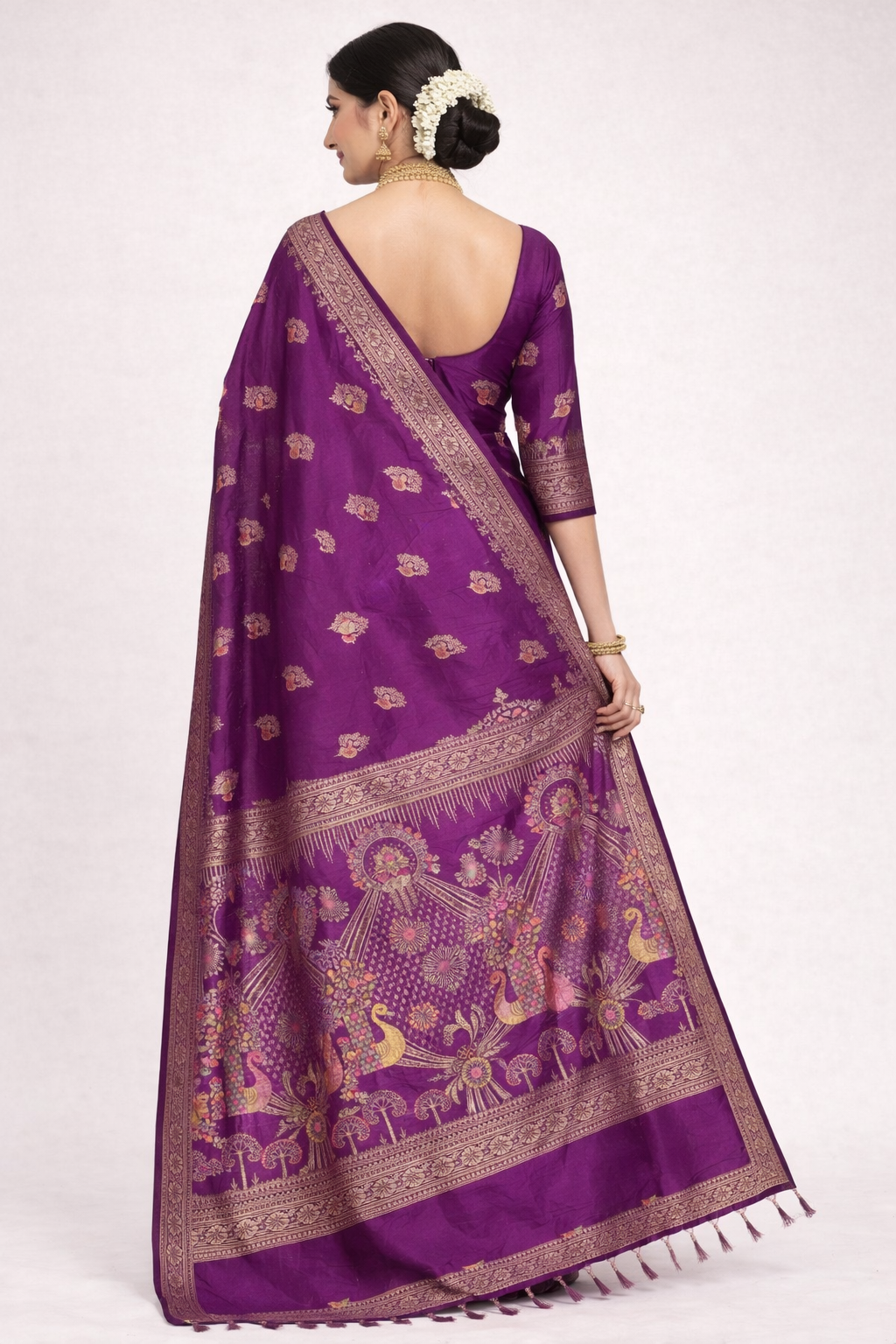 Wine Dola Silk Saree with Peacock & Floral Designer Pallu