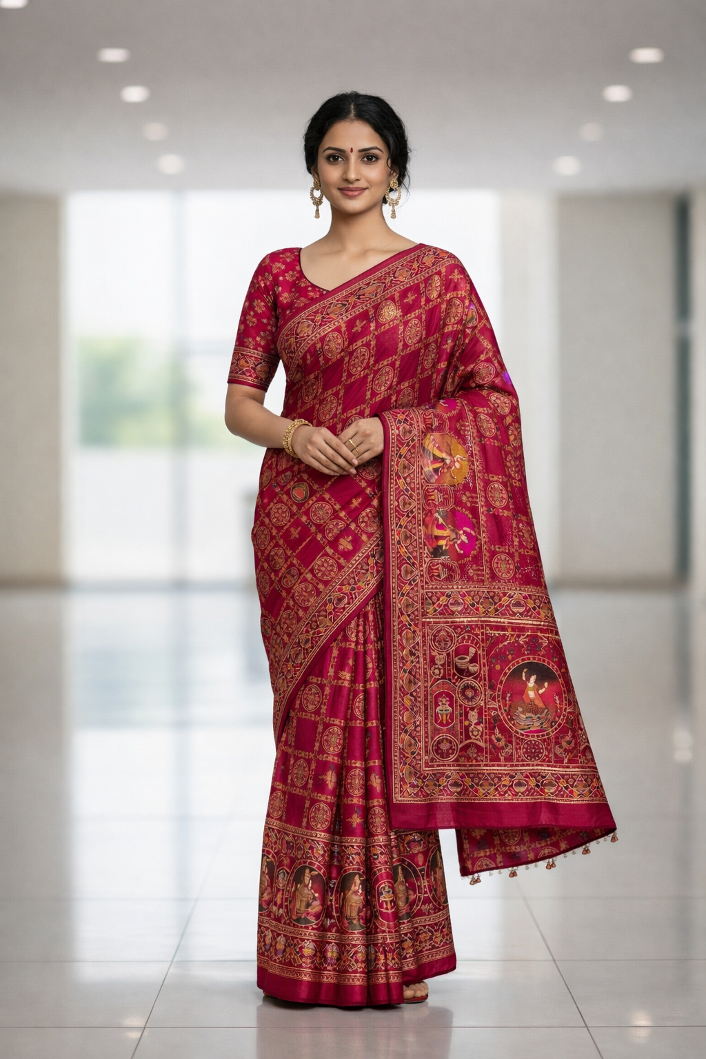 Woman wearing a red saree with gold patterns in an indoor setting