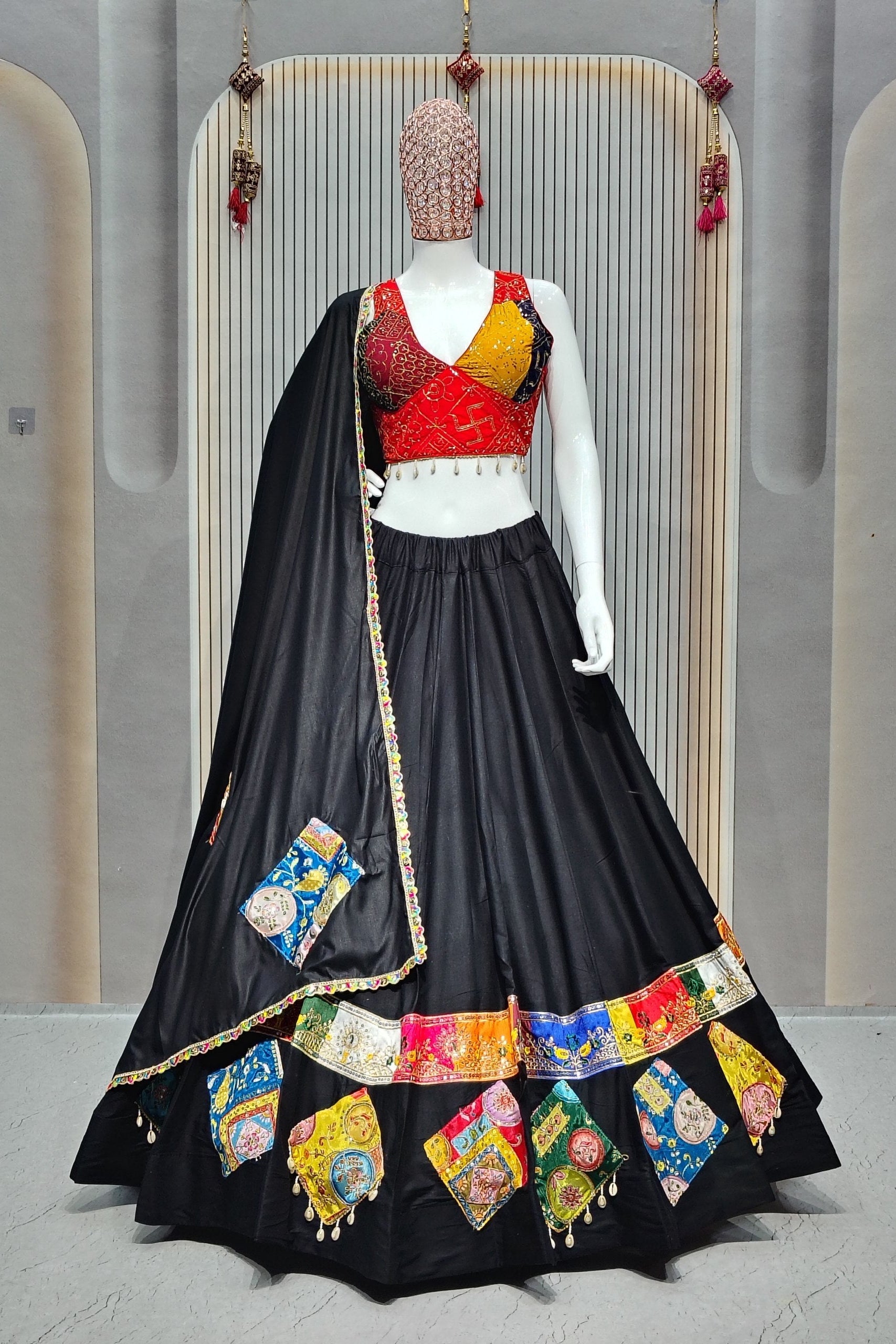 Women's Black Rayon Navratri Lehenga Choli with Gamthi Patch Work & Dupatta (Fully Stitched)