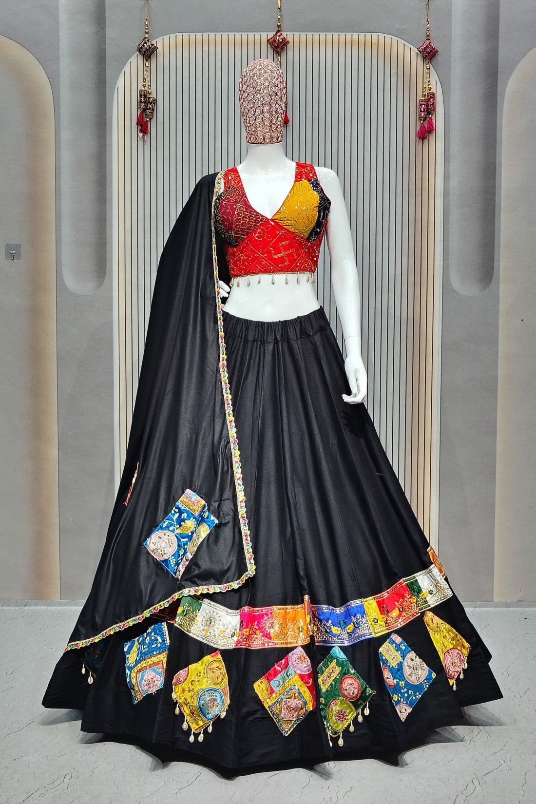 Women's Black Rayon Navratri Lehenga Choli with Gamthi Patch Work & Dupatta (Fully Stitched)