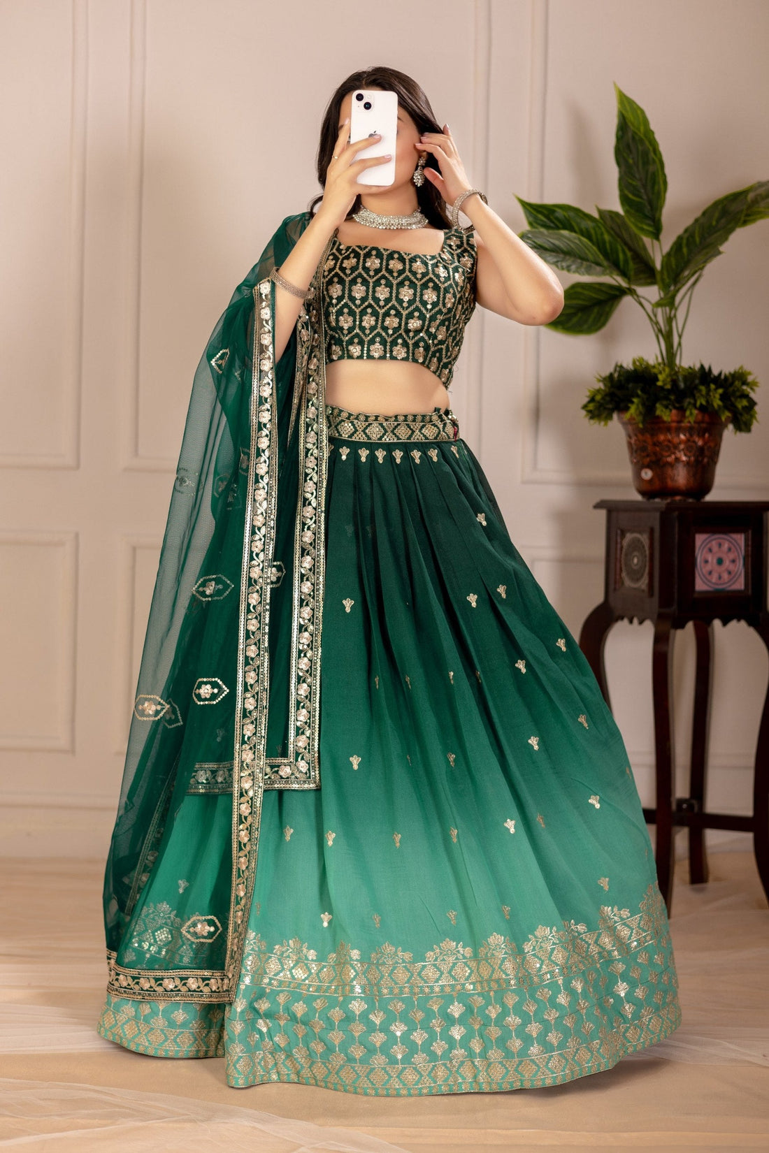 Women's Dark Green Ombre Heavy Embroidered Lehenga Choli with Soft Net Dupatta | Wedding, Reception, Engagement & Party Wear Designer Lehenga Set
