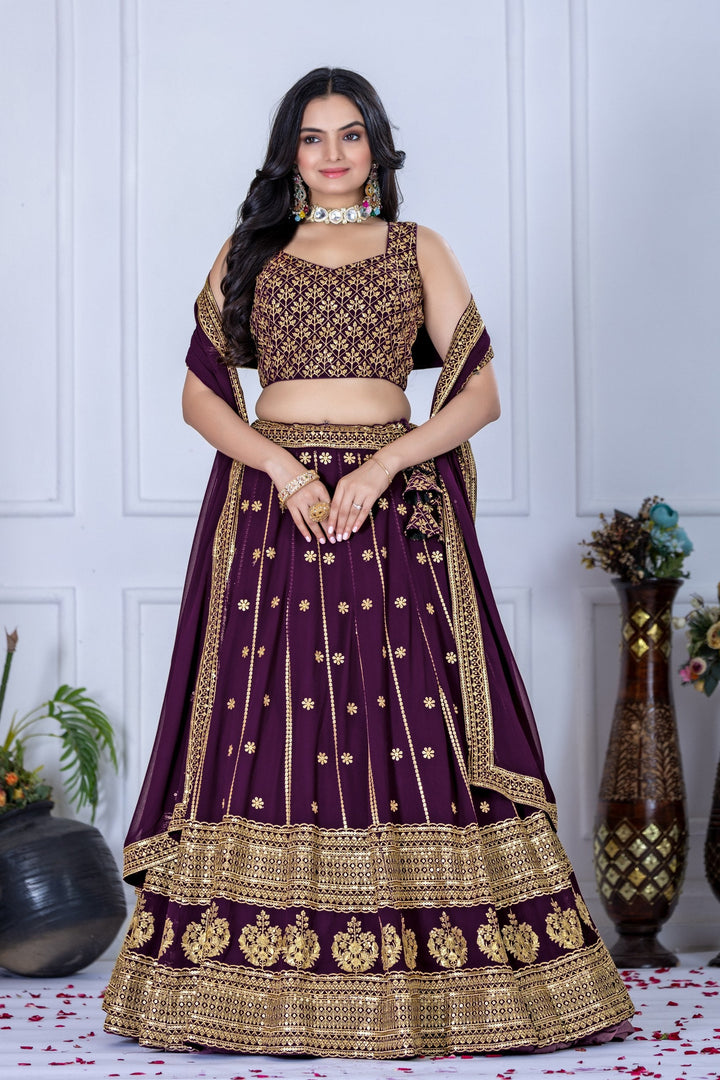 Women's Wine Heavy Embroidered Semi-Stitched Lehenga Choli with Embroidered Georgette Dupatta | Designer Wedding, Reception, Engagement & Party Wear Lehenga Set