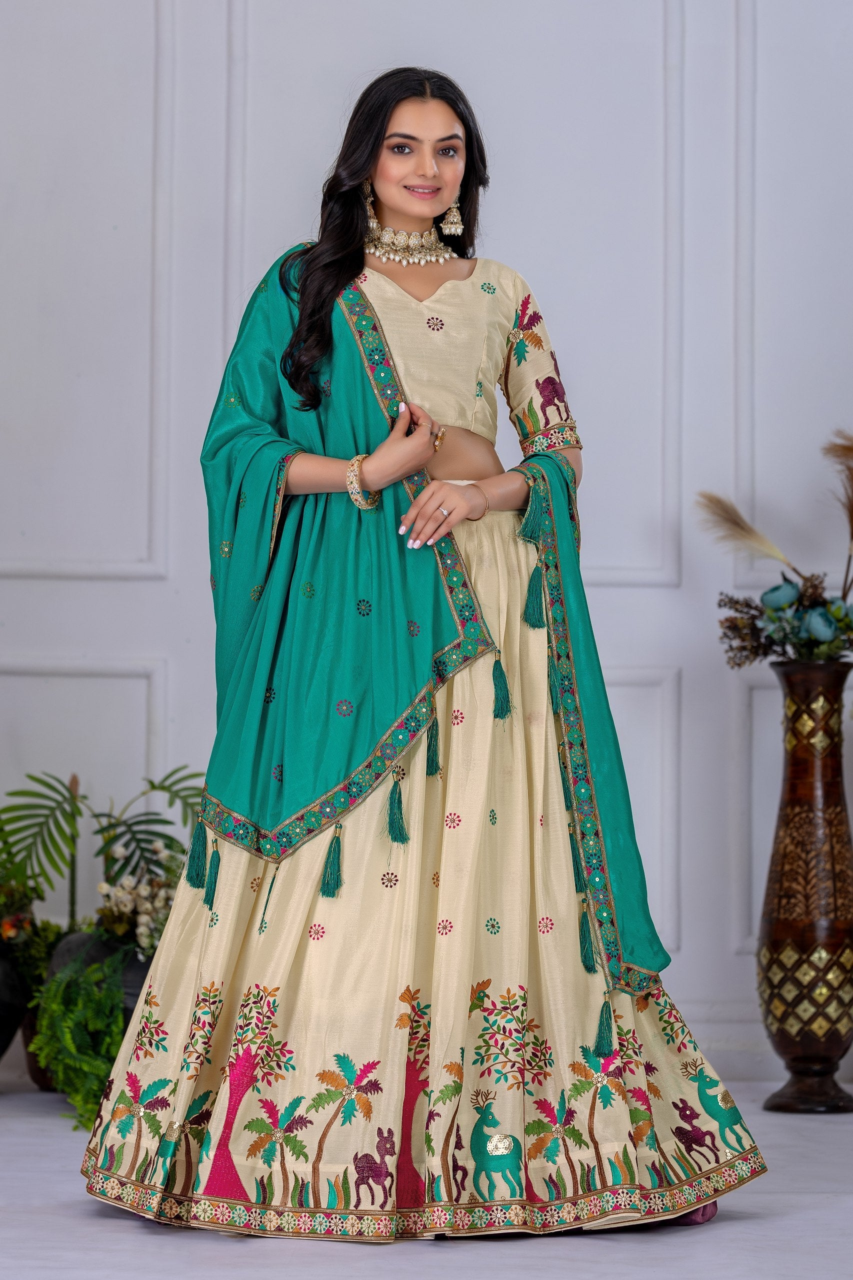 Women's Cream Heavy Chinon Silk Embroidered Lehenga Choli with Matching Dupatta | Designer Wedding, Reception, Engagement, Festive & Party Wear Lehenga Set