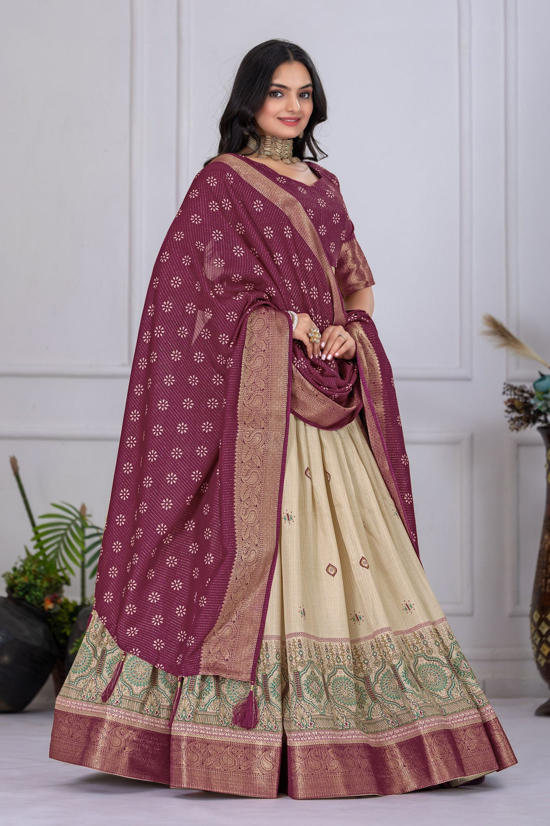 Women's Wine & Cream Jacquard Lichi Silk Lehenga Choli with Designer Dupatta | Festive, Wedding, Navratri & Traditional Party Wear Lehenga Set