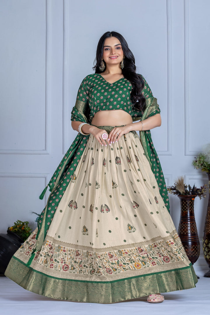 Women's Cream & Teal Heavy Lichi Jacquard Lehenga Choli with Dupatta | Wedding & Festive Wear