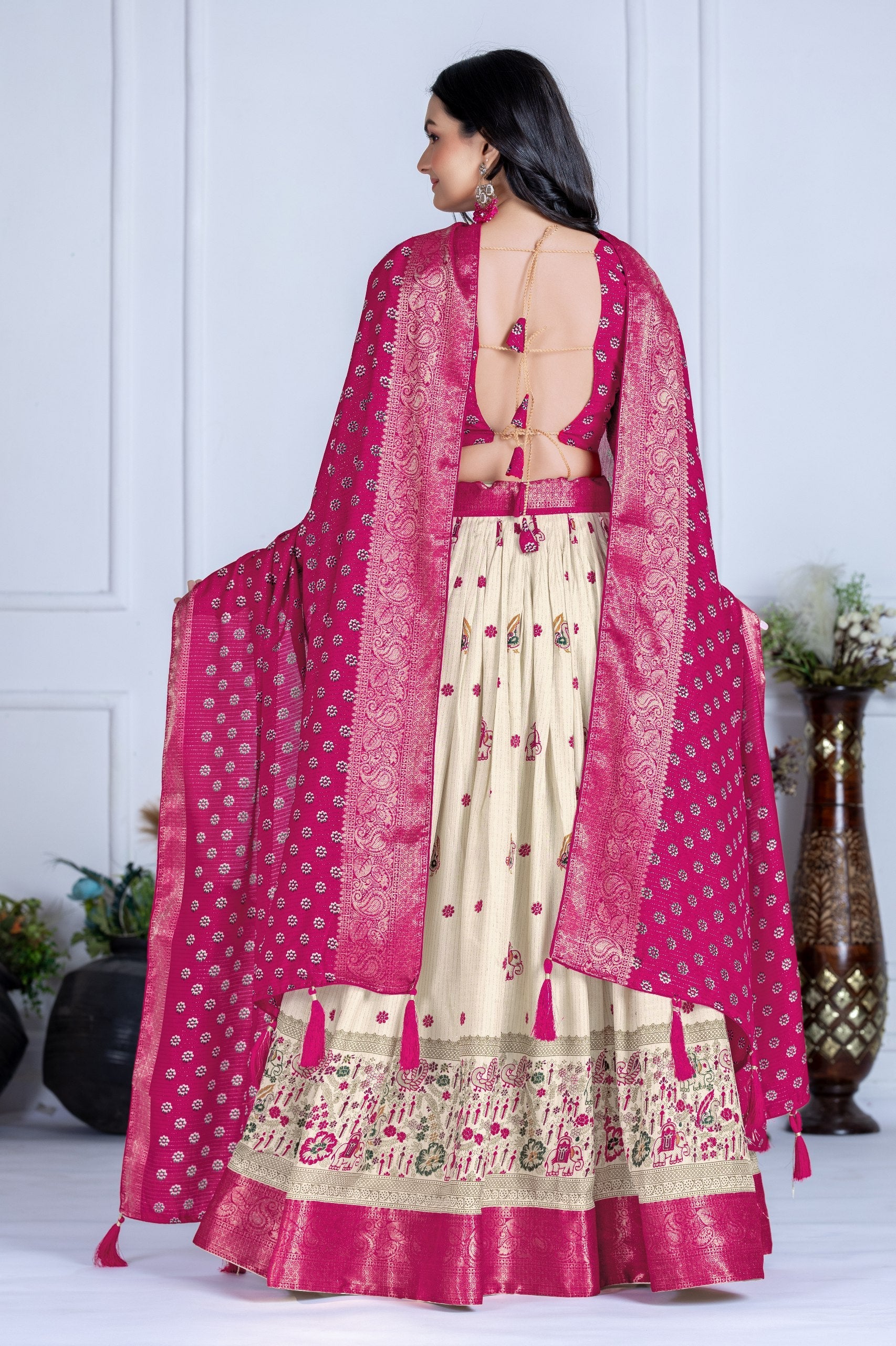 Women's Cream & Rani Pink Heavy Lichi Jacquard Lehenga Choli with Dupatta | Wedding & Festive Wear