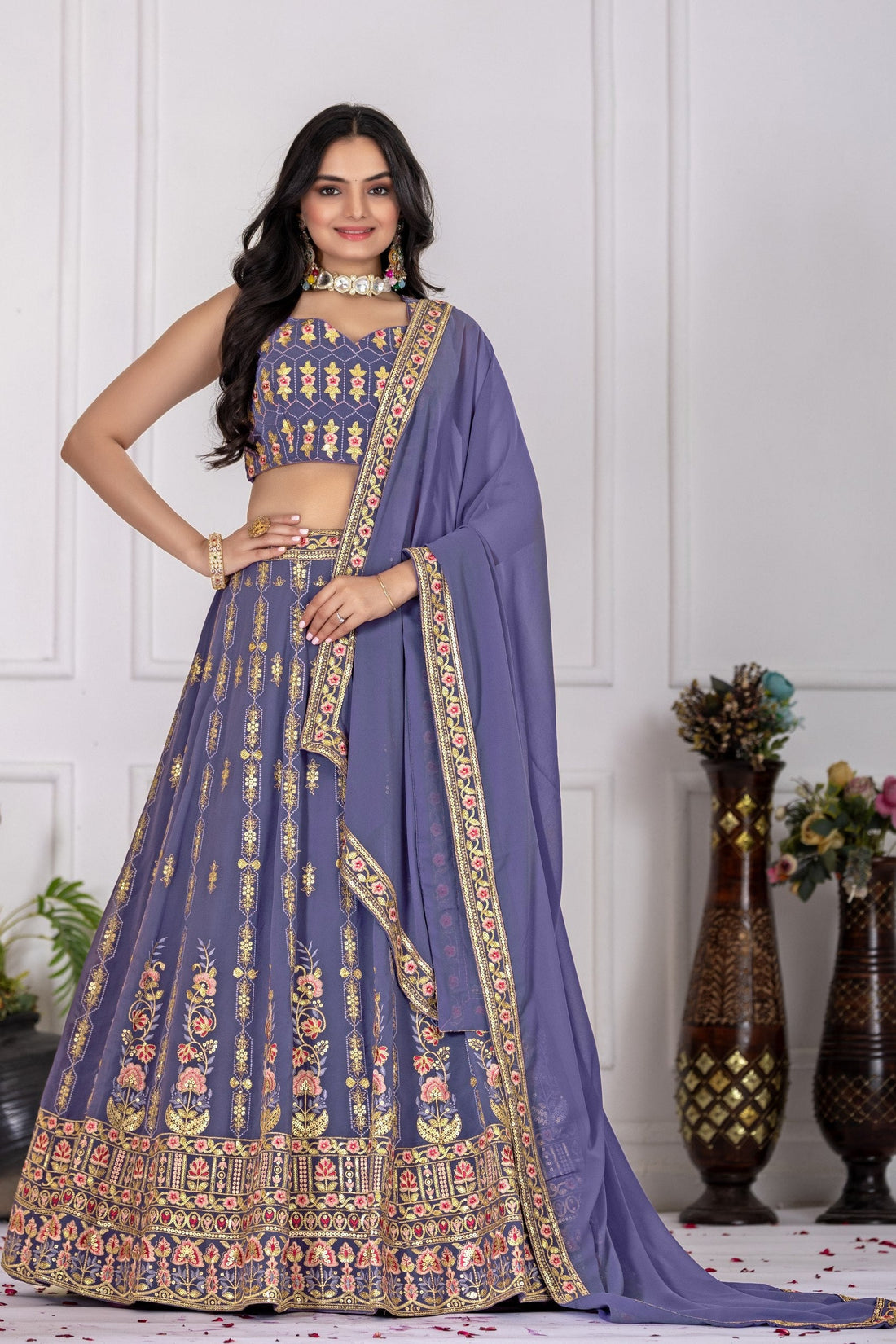 Women's Lavender Fox Georgette Embroidered Lehenga Choli with Dupatta | Wedding & Party Wear