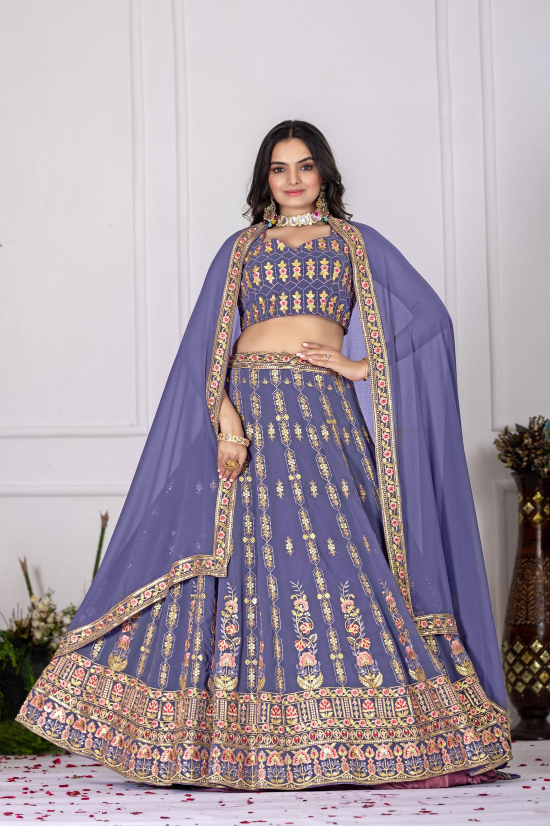 Women's Lavender Fox Georgette Embroidered Lehenga Choli with Dupatta | Wedding & Party Wear
