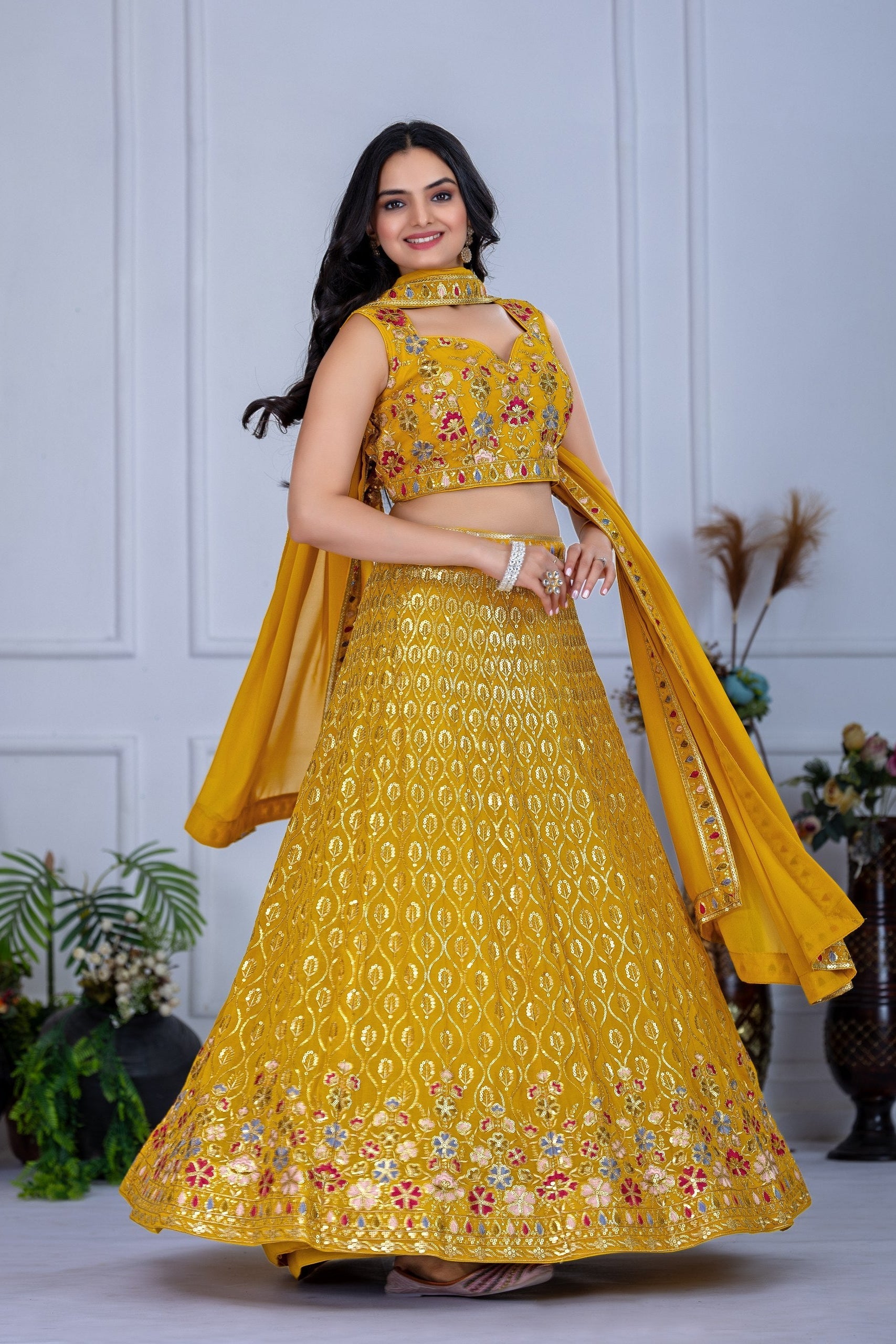 Women's Mustard Yellow Fox Georgette Embroidered Lehenga Choli with Dupatta | Wedding & Festive Wear