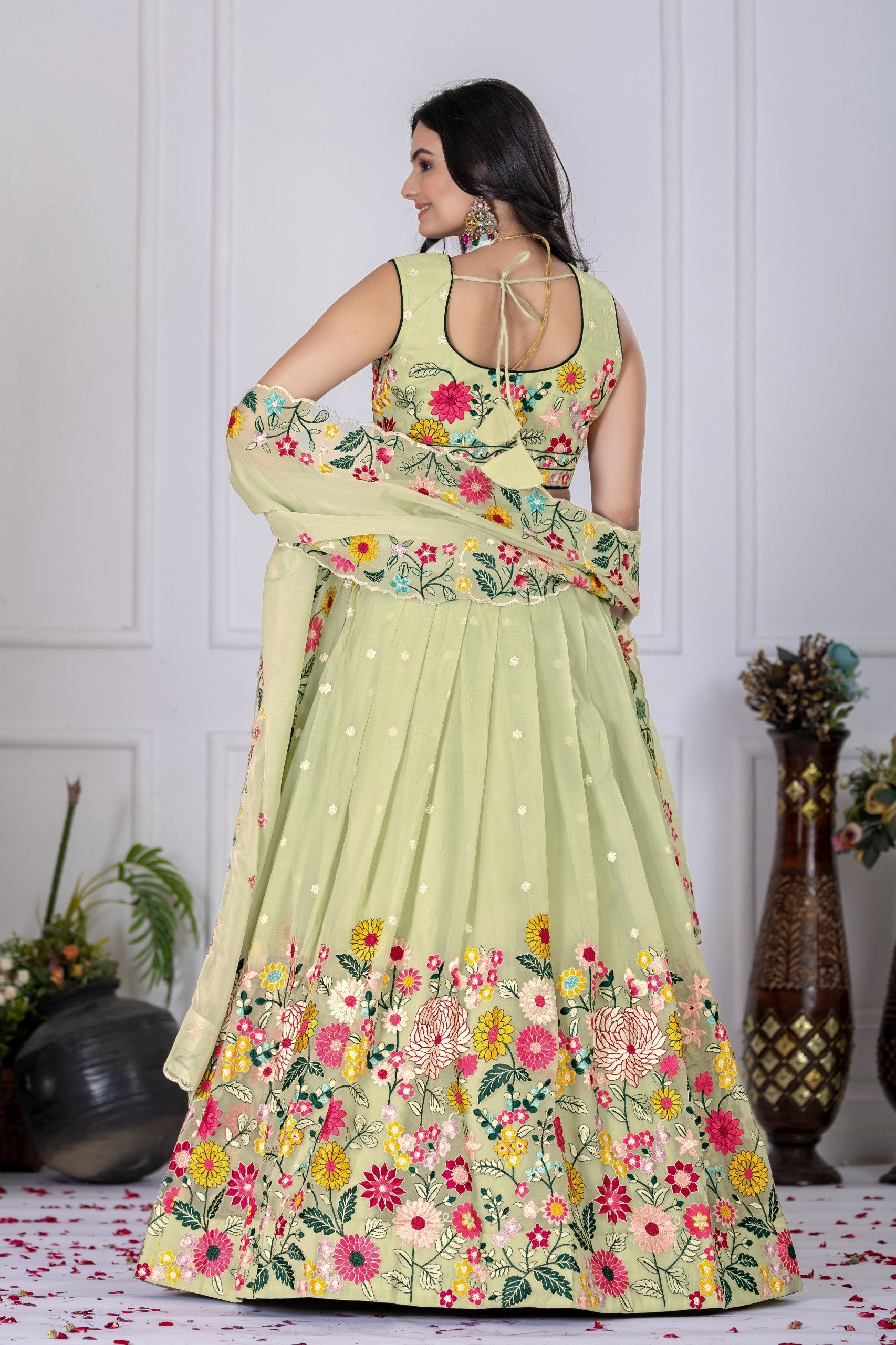 Women's Pastel Green Crystal Embroidered Lehenga Choli with Dupatta | Wedding & Festive Wear