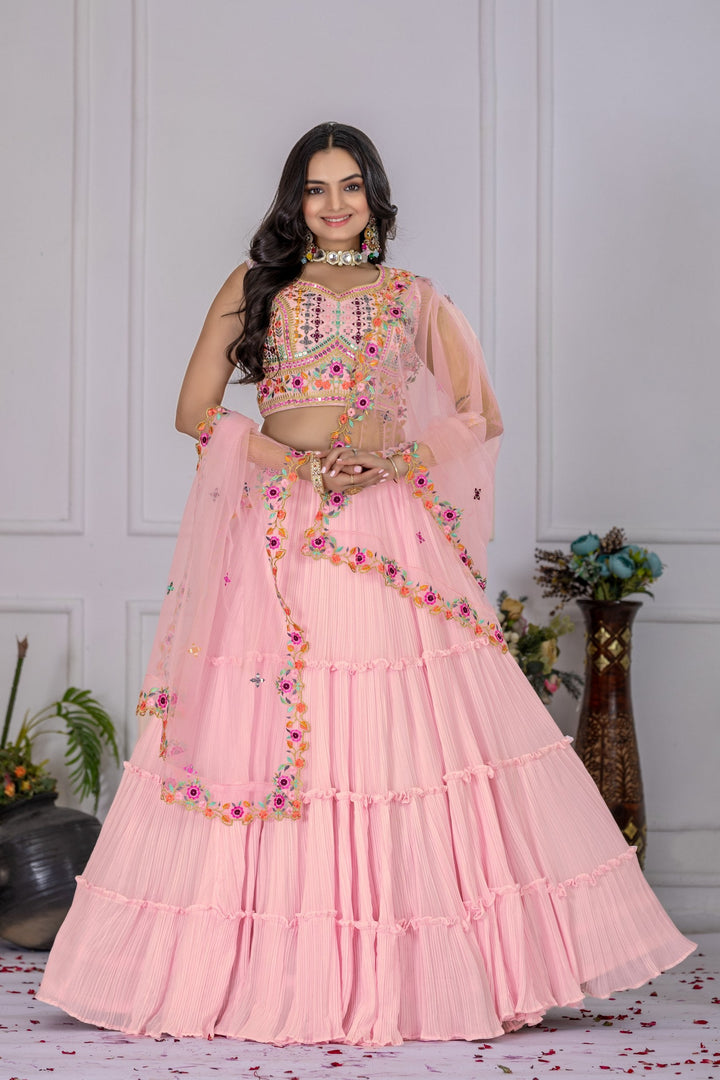 Women's Baby Pink Star Fox Georgette Embroidered Lehenga Choli with Dupatta | Wedding & Festive Wear