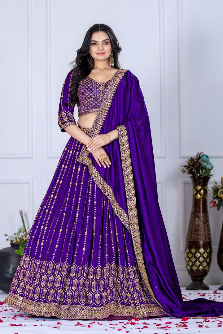 Women's Purple Heavy Vichitra Silk Embroidered Lehenga Choli with Dupatta | Designer Wedding, Reception & Festive Wear