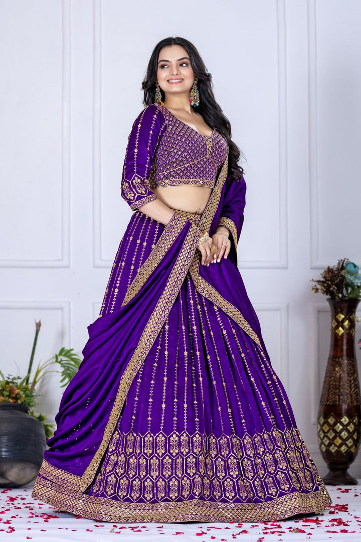 Women's Purple Heavy Vichitra Silk Embroidered Lehenga Choli with Dupatta | Designer Wedding, Reception & Festive Wear