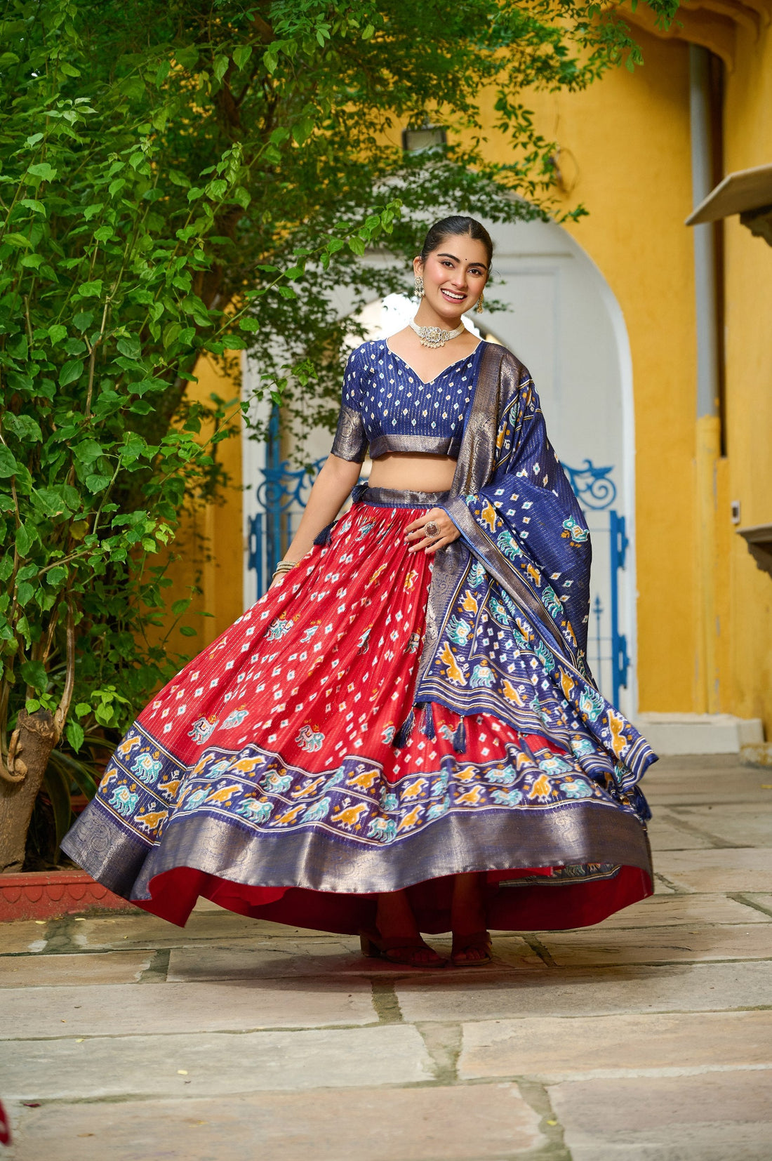 Women's Navy Blue & Red Heavy Lichi Fabric Stitched Lehenga Choli with Jacquard Border Dupatta | Jacquard Jari Lining Printed Wedding & Festive Wear