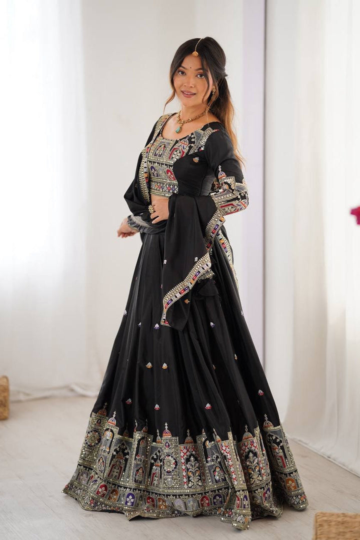 Women’s Black Chinon Embroidered Lehenga Choli with Sequence Work & Dupatta | Designer Party Wear, Wedding & Festive Lehenga Set