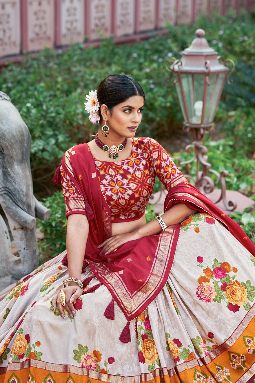 Women's Purple & White Tusser Silk Lehenga Choli with Floral Print, Foil Work & Gotta Patti Dupatta | Designer Festive & Wedding Wear