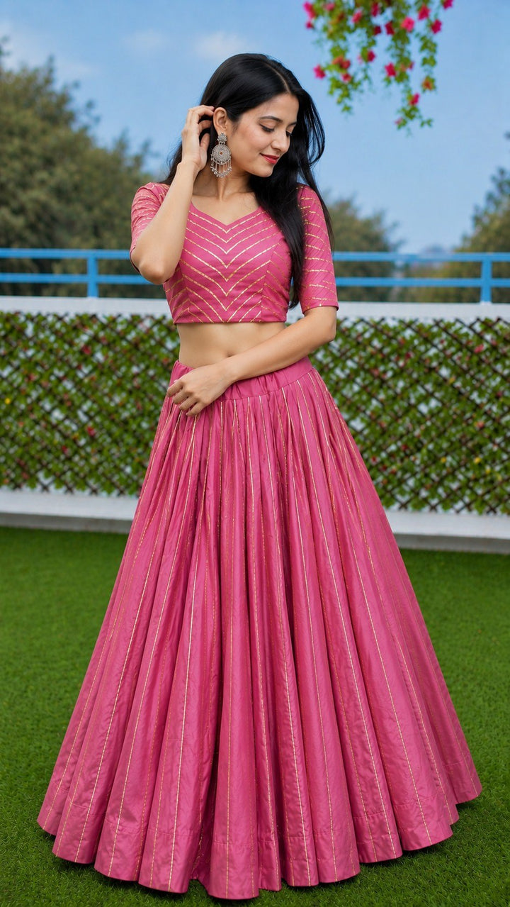 Pure Roman Cotton Gota Patti Work Lehenga Set (Fully Stiched)