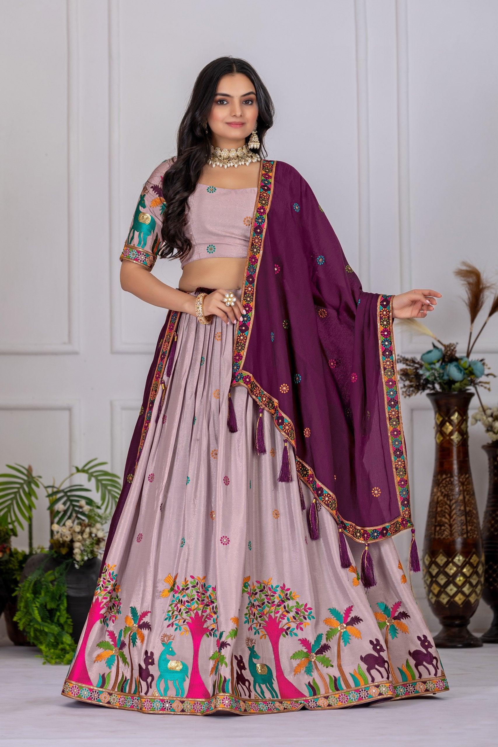 Women's Cream Heavy Chinon Silk Embroidered Lehenga Choli with Matching Dupatta | Designer Wedding, Reception, Engagement, Festive & Party Wear Lehenga Set