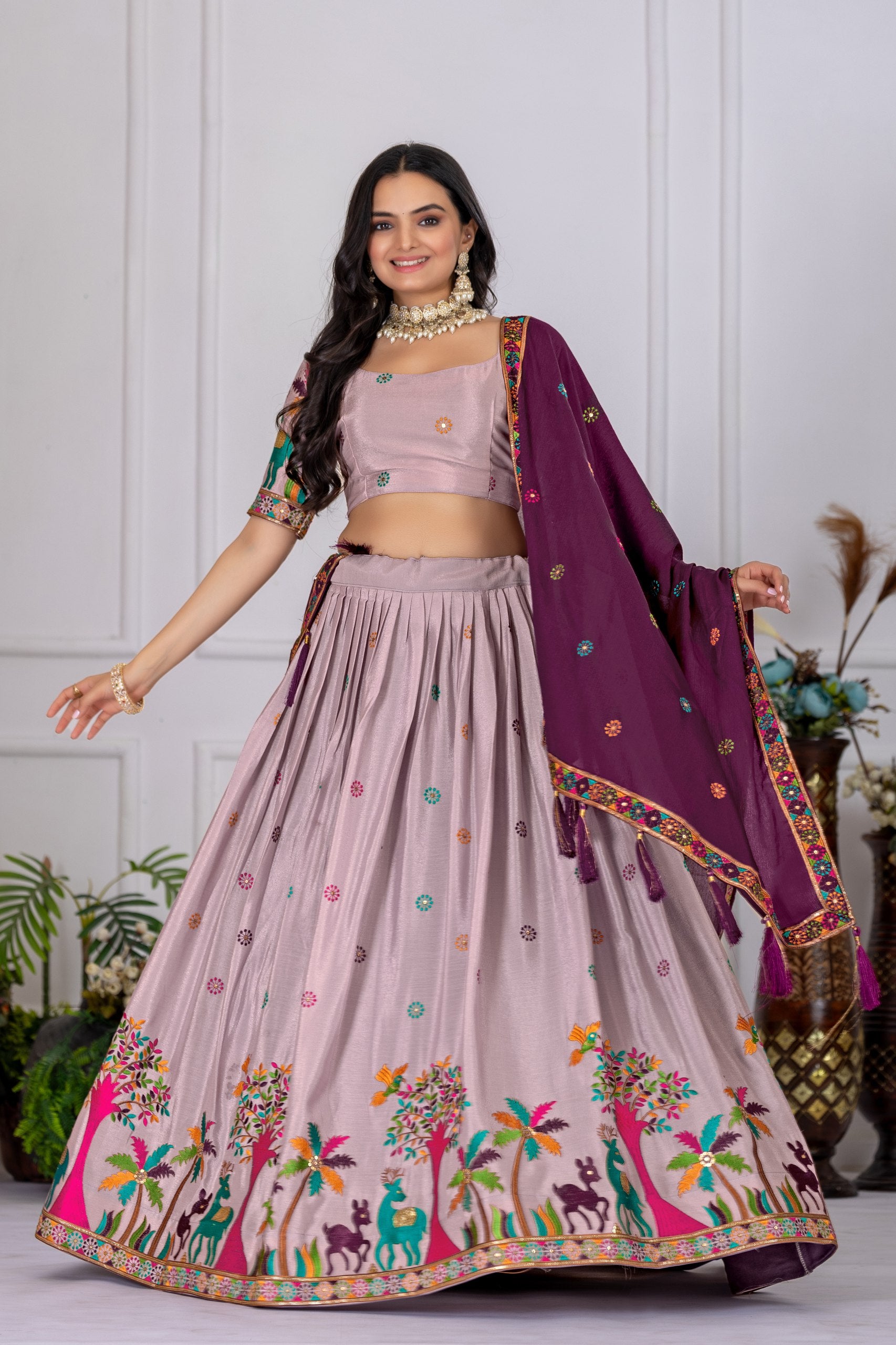 Women's Cream Heavy Chinon Silk Embroidered Lehenga Choli with Matching Dupatta | Designer Wedding, Reception, Engagement, Festive & Party Wear Lehenga Set