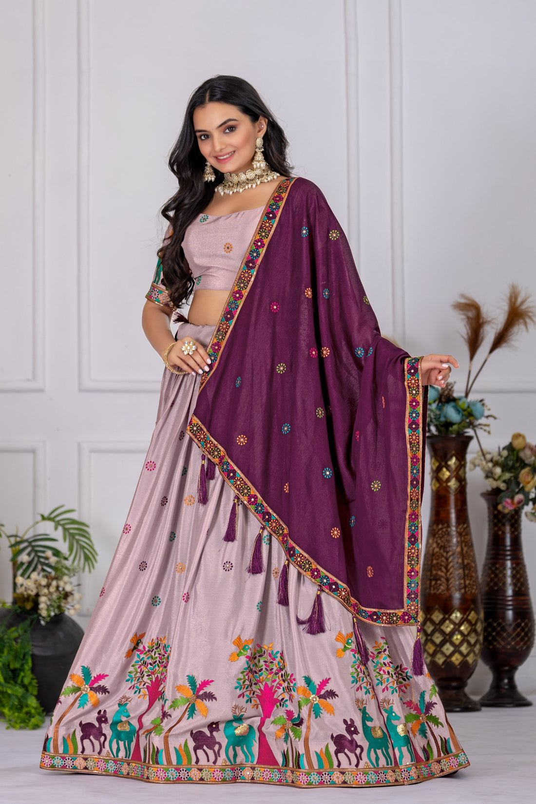 Women's Cream Heavy Chinon Silk Embroidered Lehenga Choli with Matching Dupatta | Designer Wedding, Reception, Engagement, Festive & Party Wear Lehenga Set