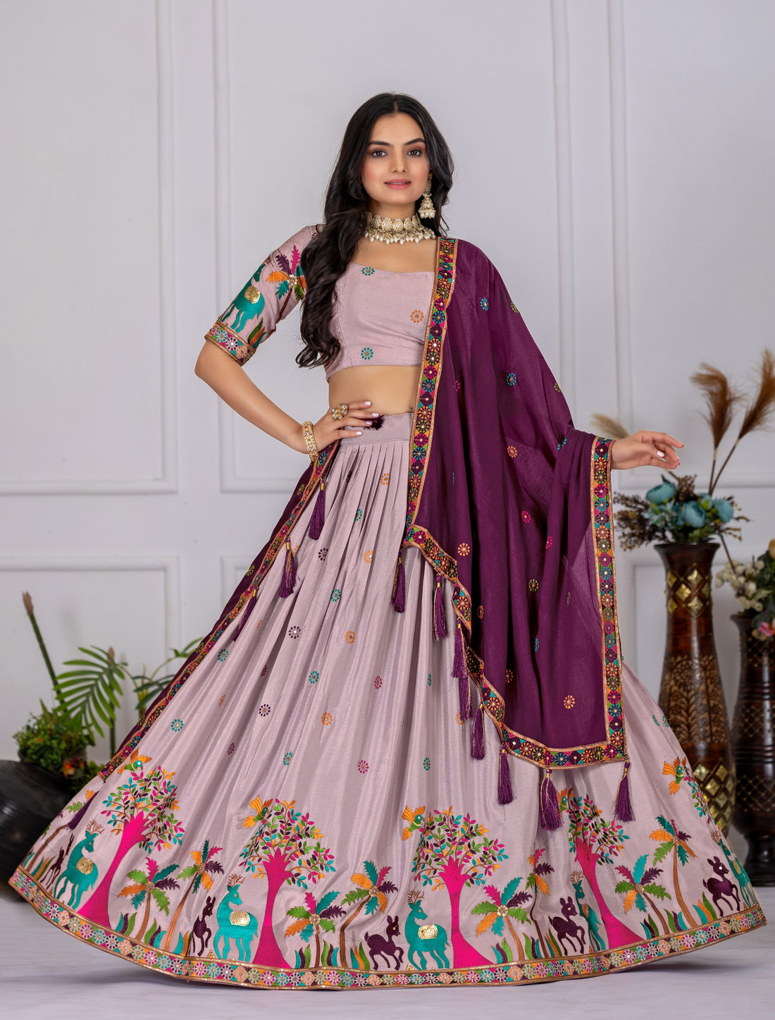 Women's Cream Heavy Chinon Silk Embroidered Lehenga Choli with Matching Dupatta | Designer Wedding, Reception, Engagement, Festive & Party Wear Lehenga Set