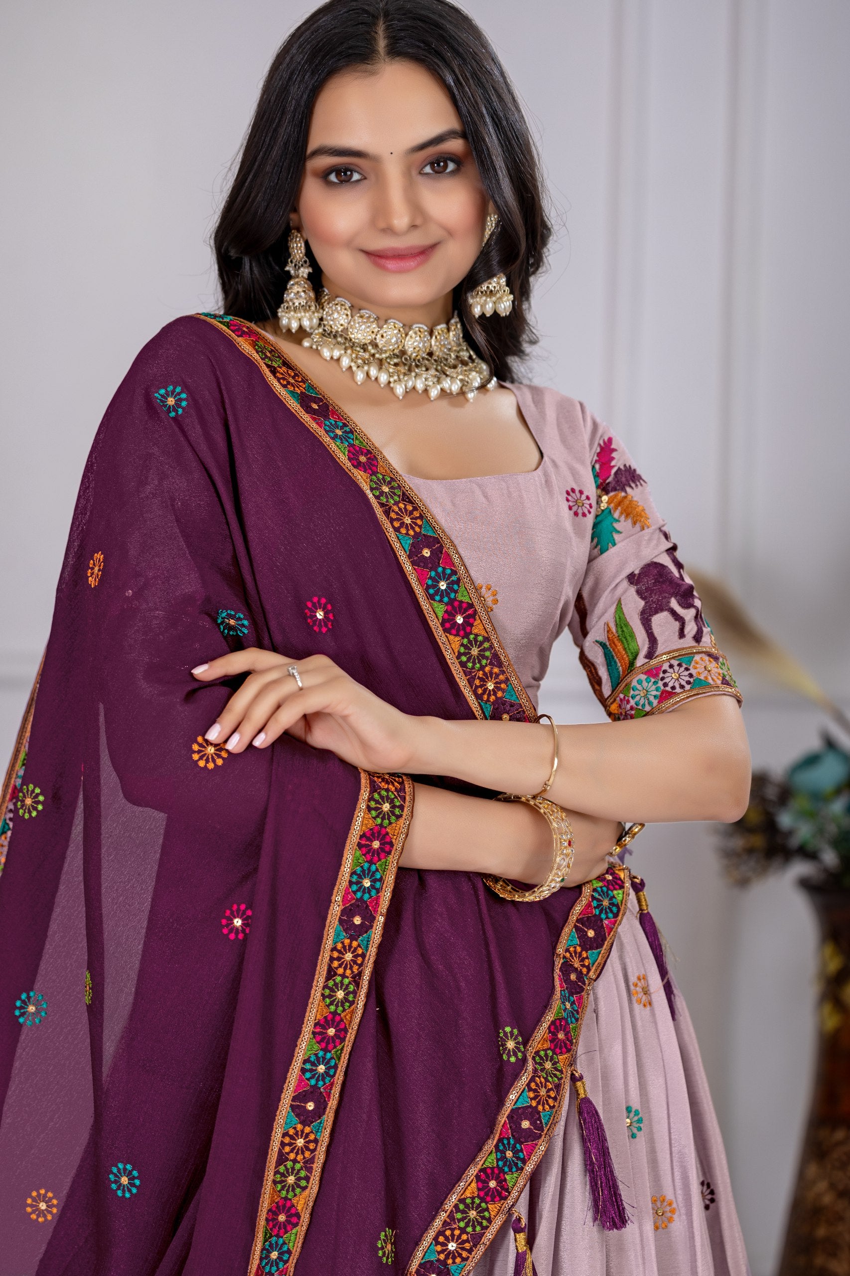 Women's Cream Heavy Chinon Silk Embroidered Lehenga Choli with Matching Dupatta | Designer Wedding, Reception, Engagement, Festive & Party Wear Lehenga Set
