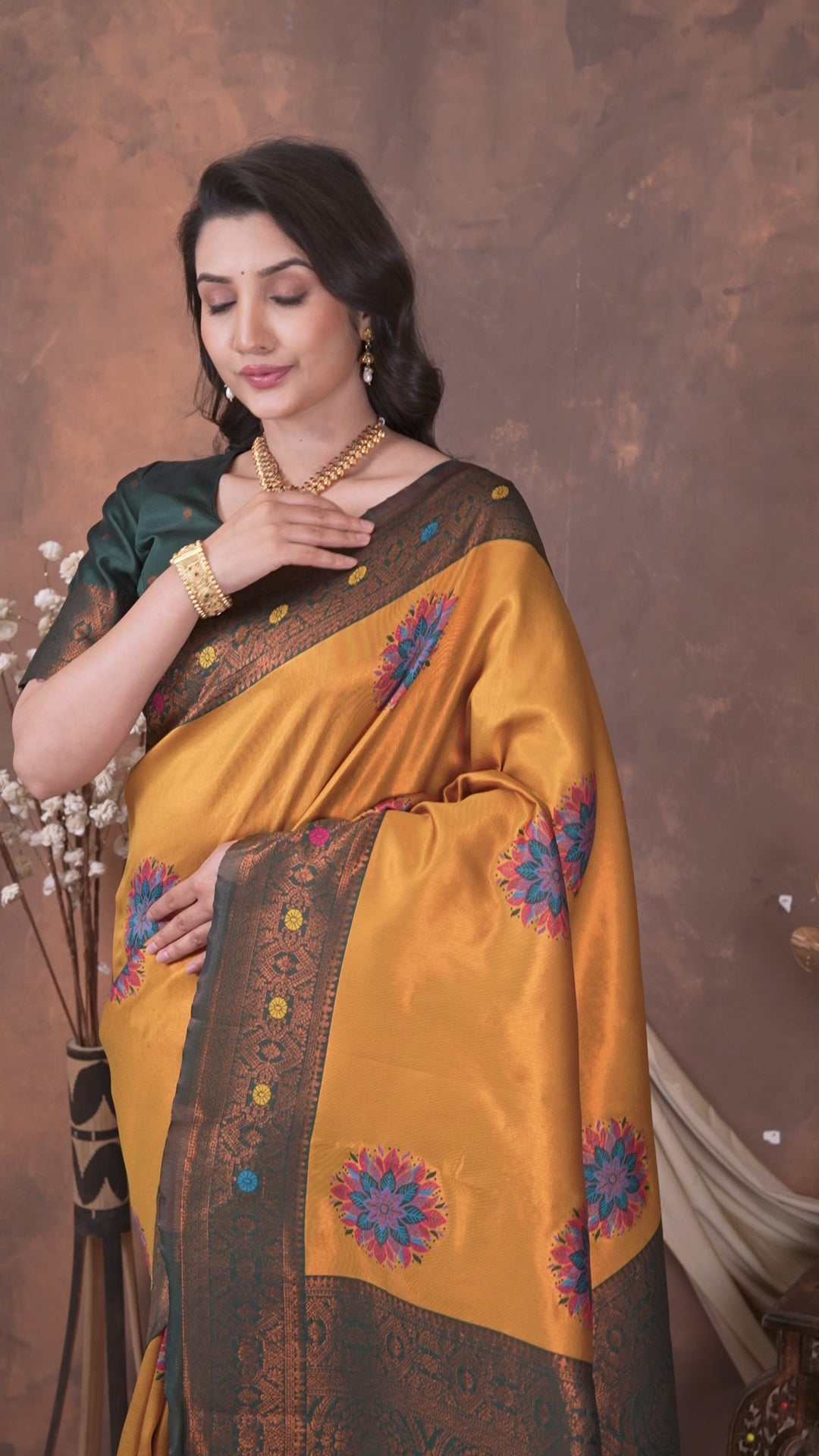 Mustard Gold & Bottle Green Floral Motifs Jacquard Silk Saree