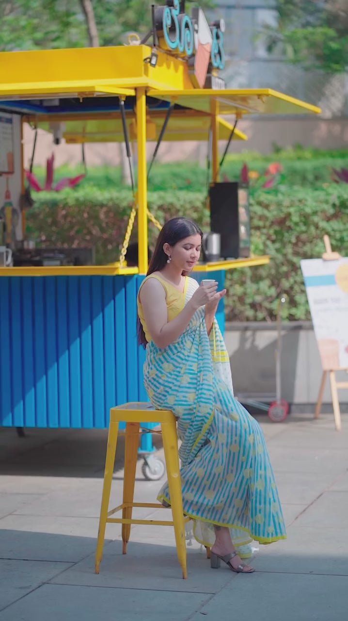Stylish Sky Blue & Yellow Printed Linen Cotton Saree