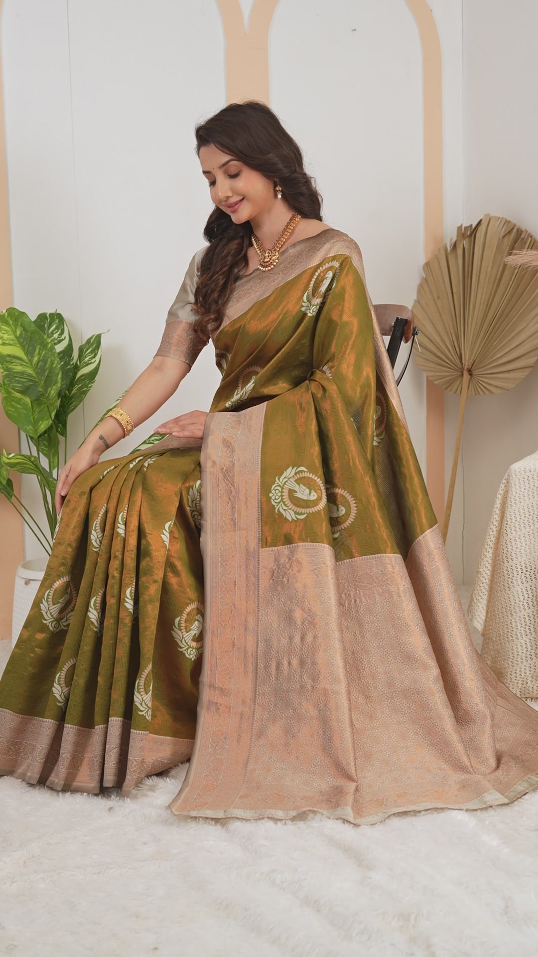 Olive Green parrot motif Jacquard Silk Saree