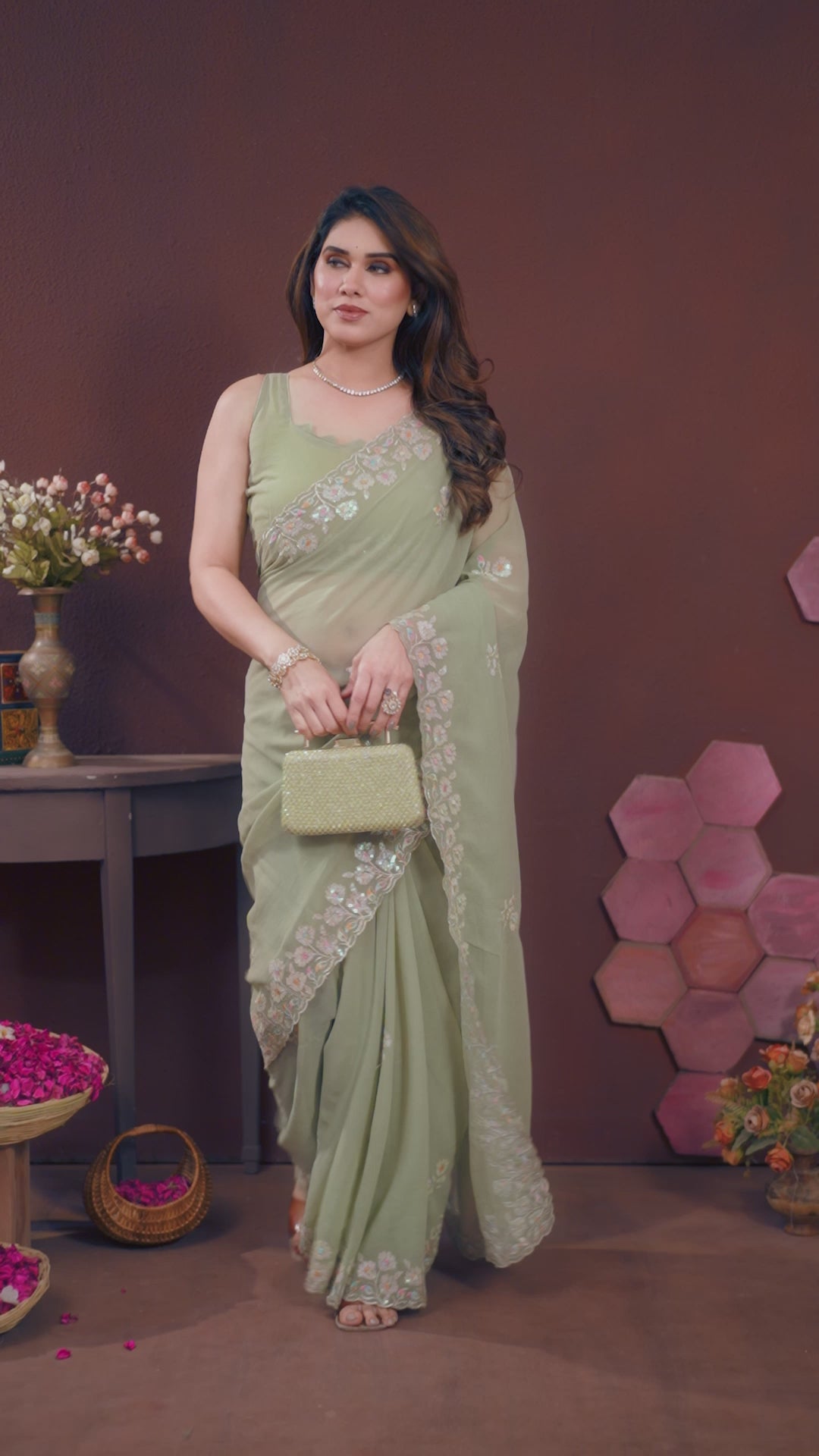 Georgette Silk Saree with Floral Embroidery Work