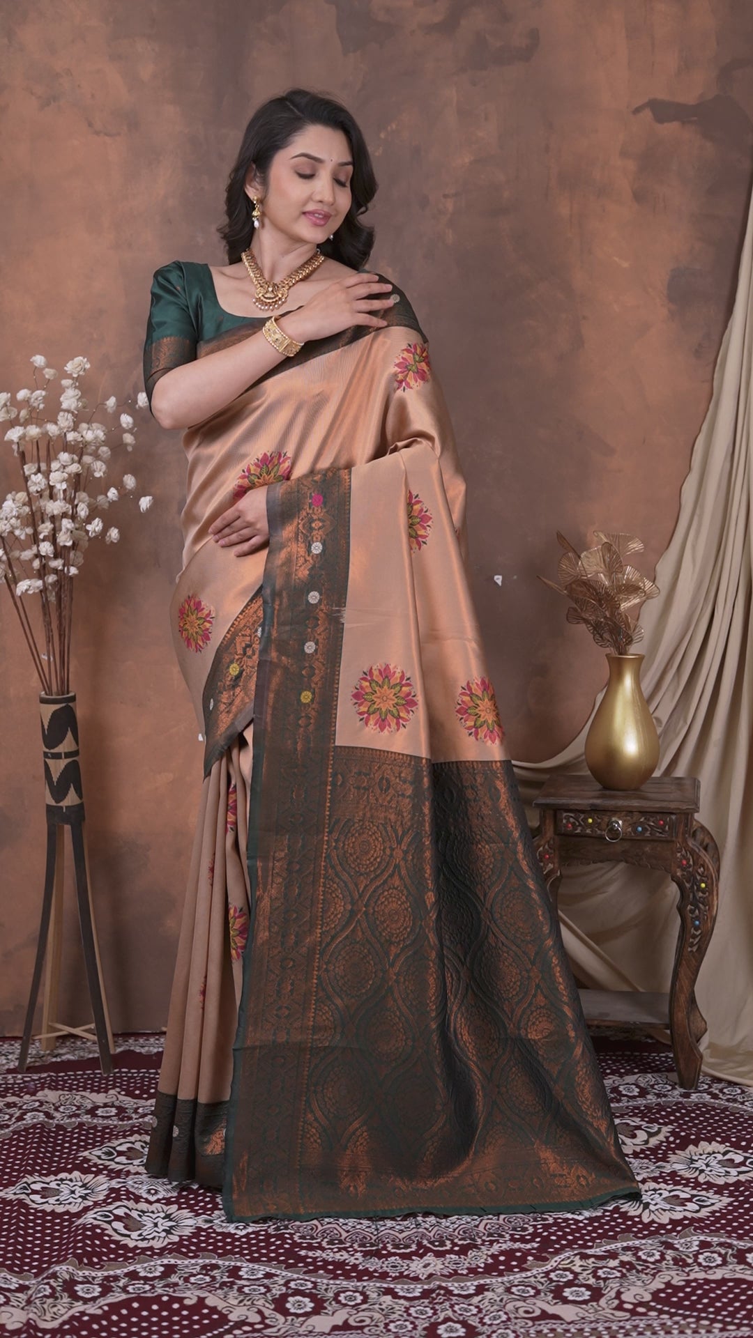 Peach Gold & Bottle Green Floral Motifs Jacquard Silk Saree