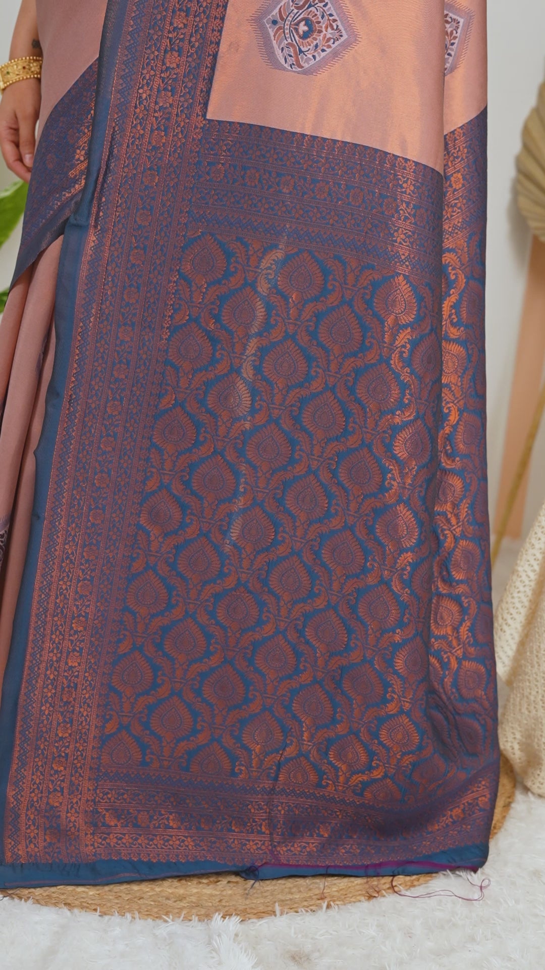 Elegant Peach & Teal Jacquard Silk Saree with Rich Woven Pallu