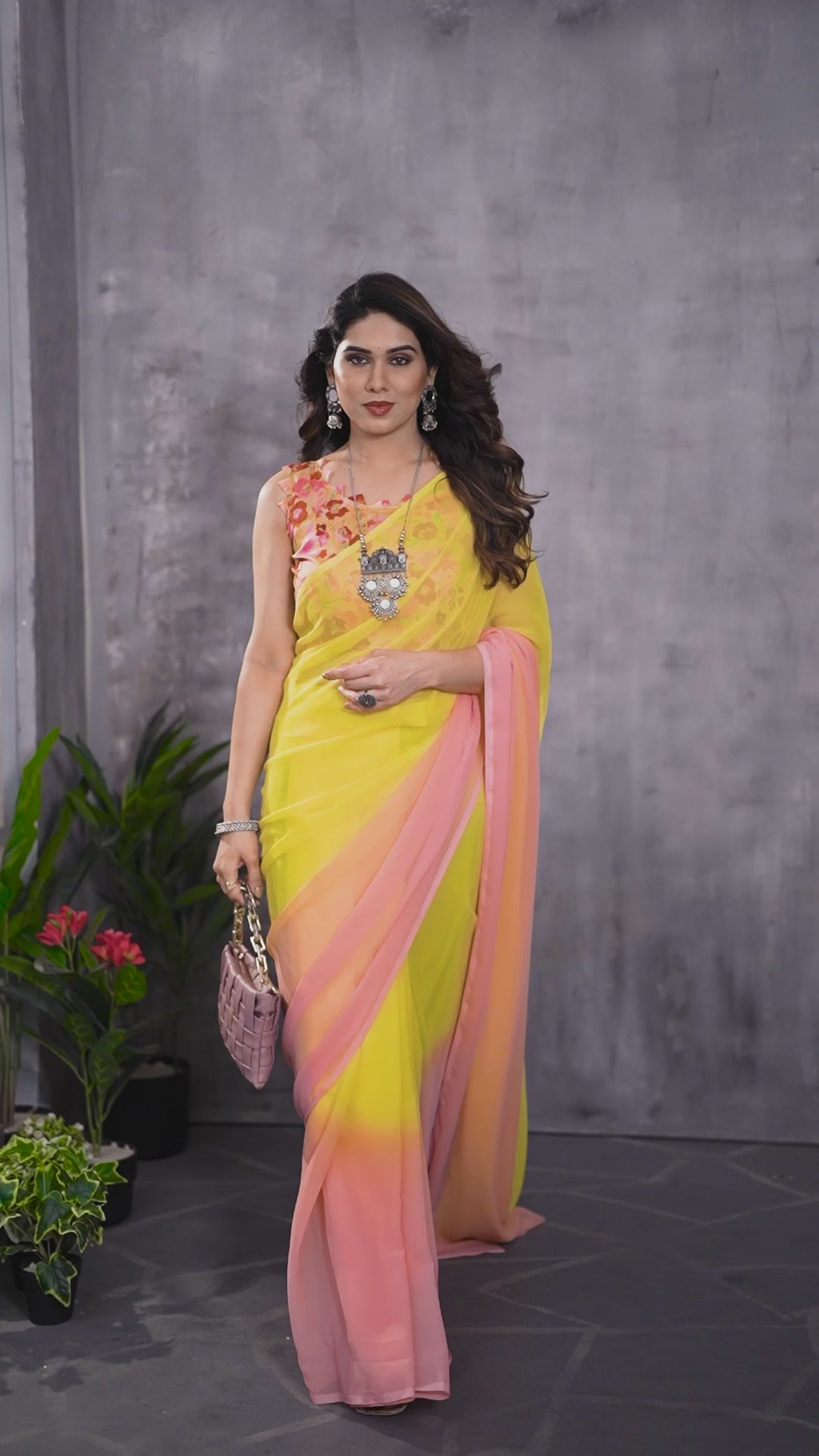 Yellow & Pink Georgette Silk Ready-to-Wear Saree