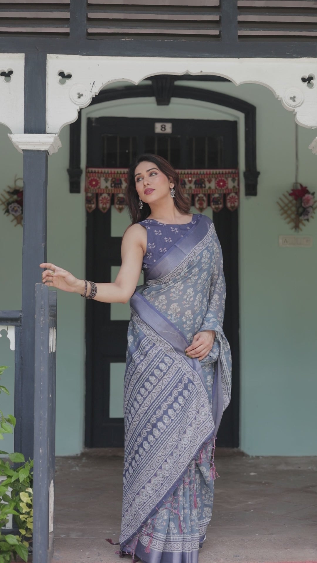 Graceful Dusty Blue Ethnic Motif Linen Cotton Saree