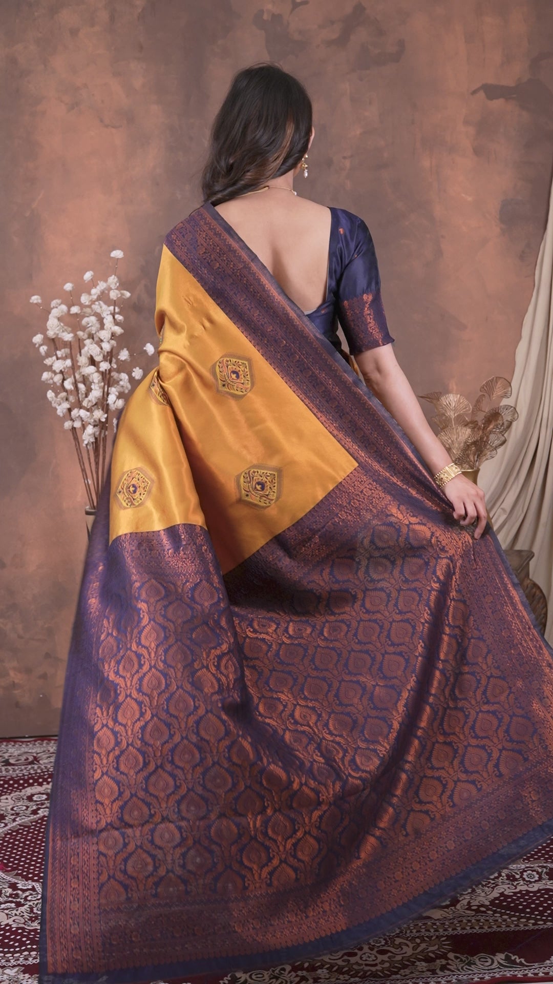 Mustard Yellow & Navy Blue Jacquard Silk Saree with Rich Woven Pallu