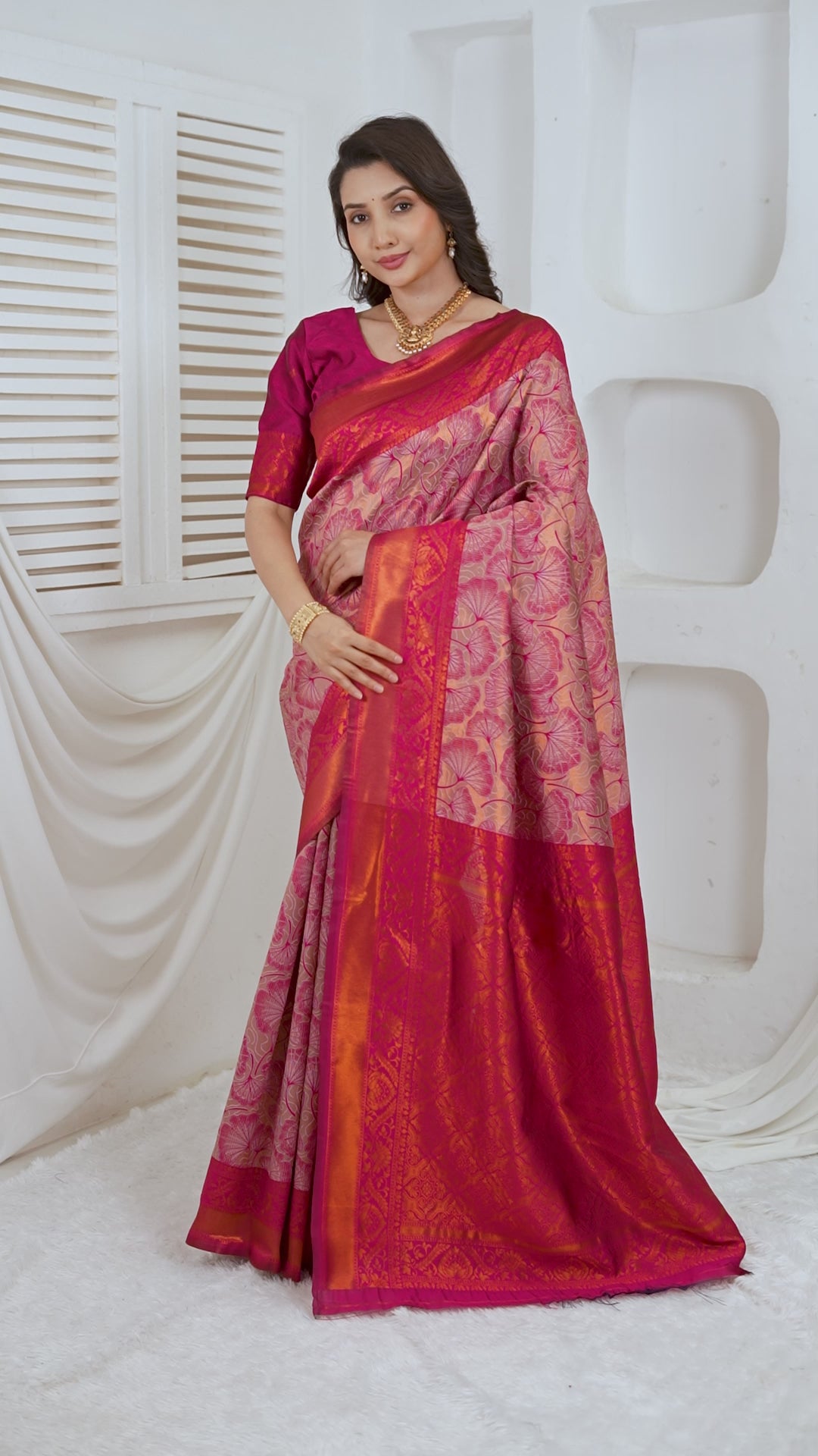 Rani Pink & Antique Gold Jacquard Floral Motifs Silk Saree