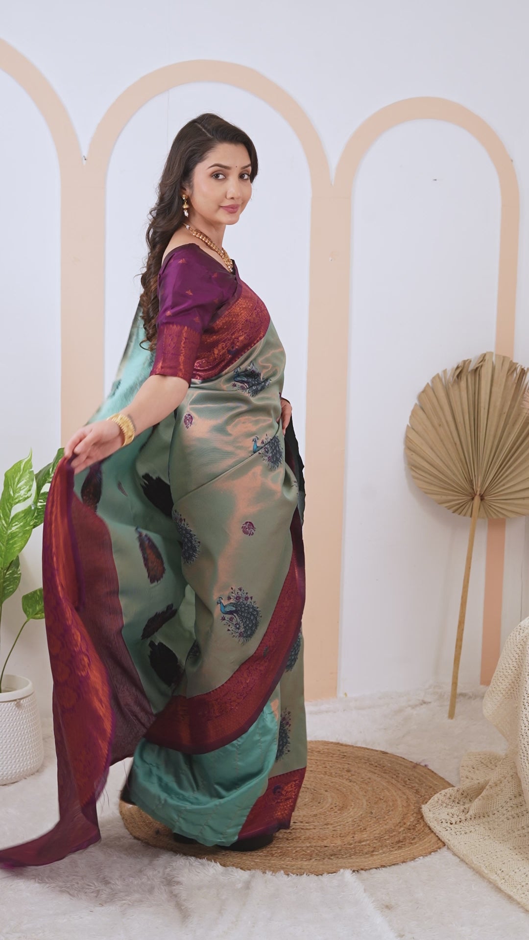 Sage Green & Wine Plum Peacock Motif Jacquard Silk Saree