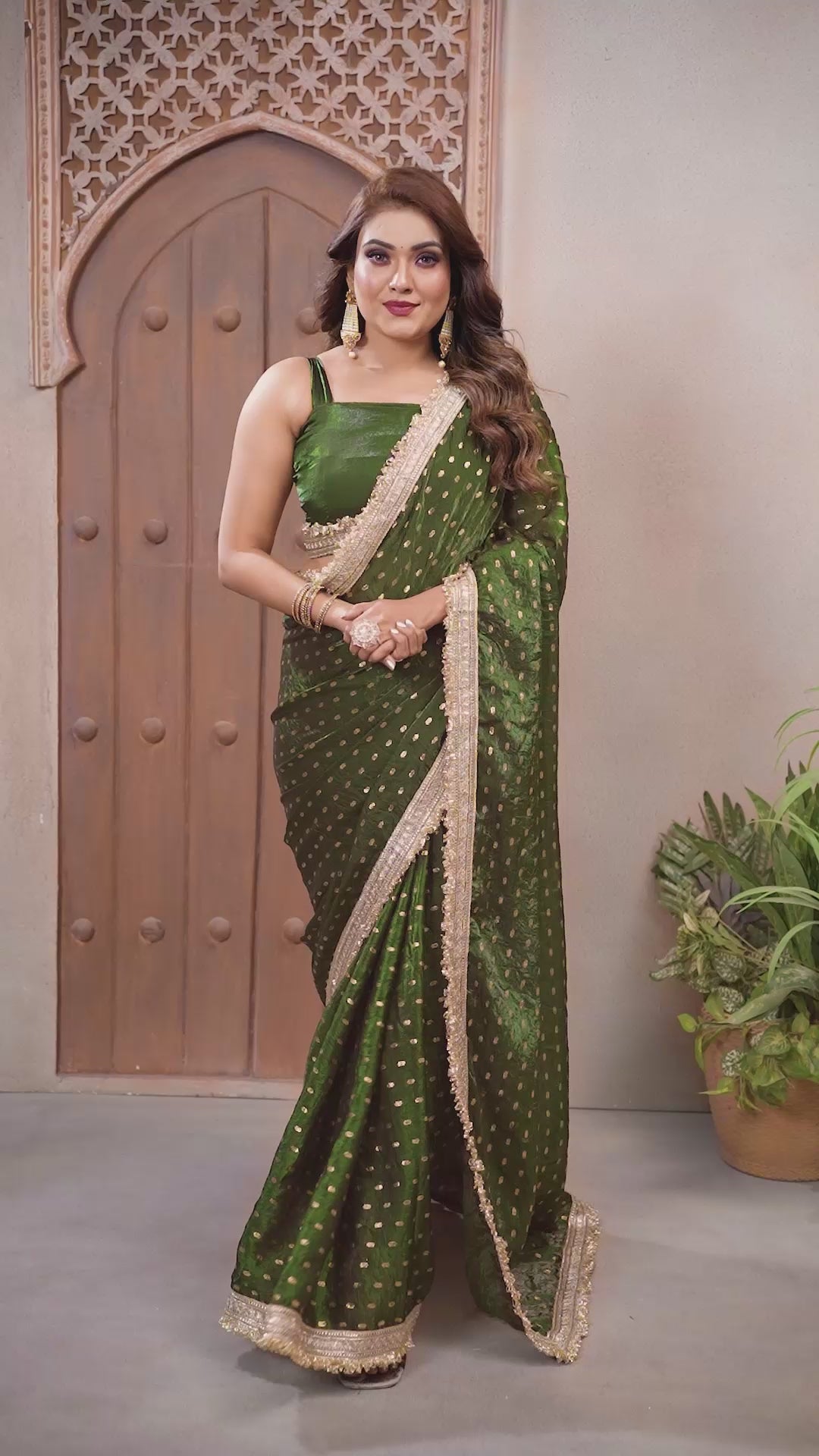 Silk Satin (Fendi) Saree with Foil Butti Work and Designer Lace Border