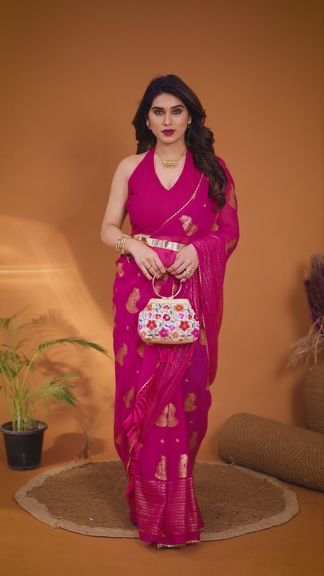 Georgette Silk Saree with Foil Work, Small Lace & Zalar